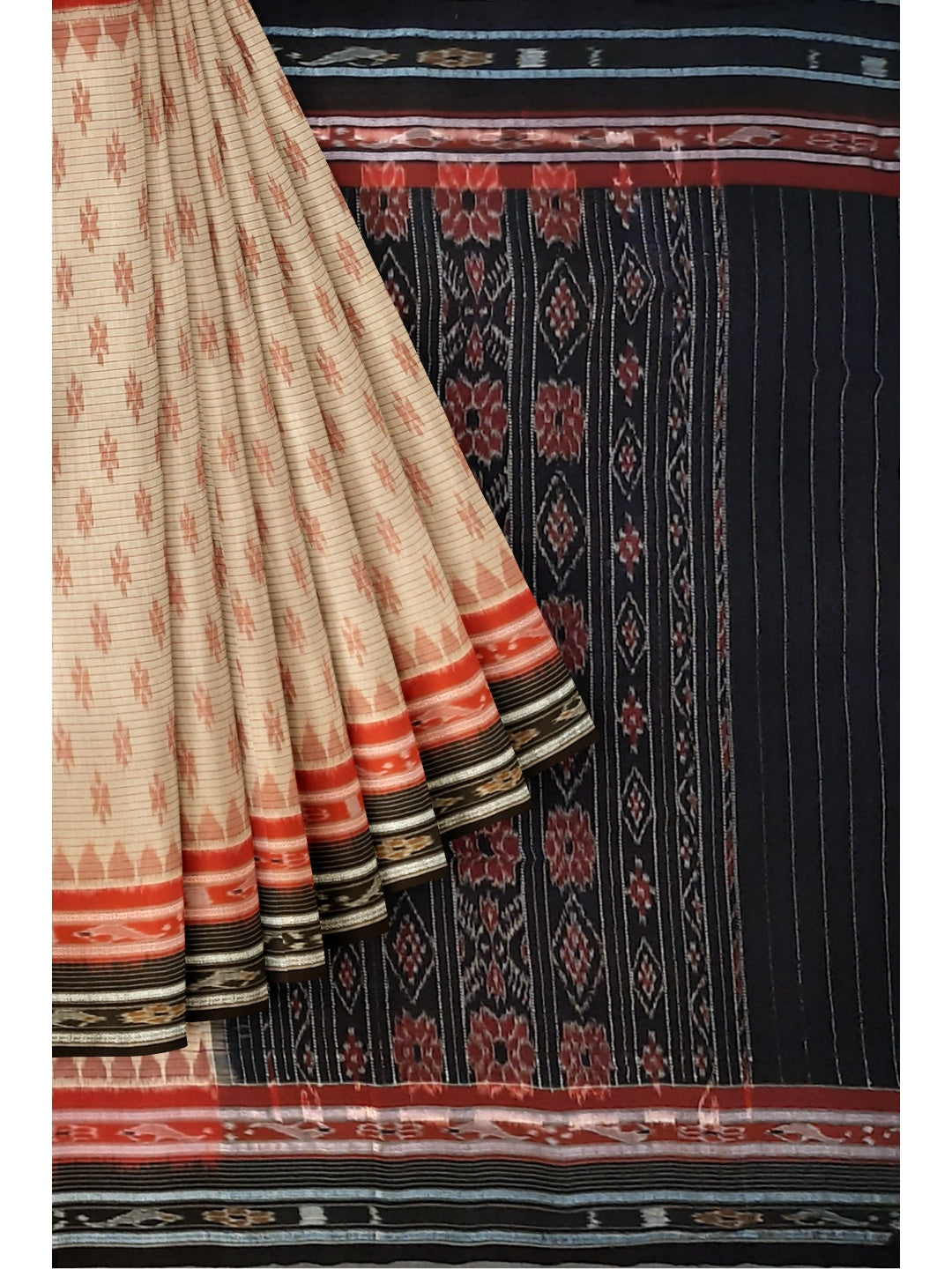 Beige with double border Odisha Ikat saree with cotton ikat blouse piece