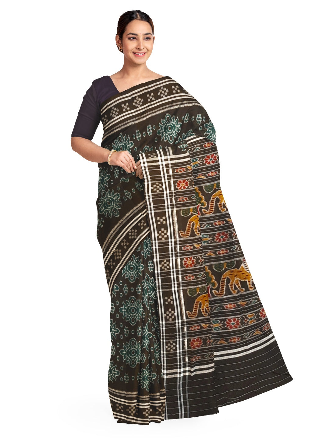 Black Odisha Ikat saree with woven motifs