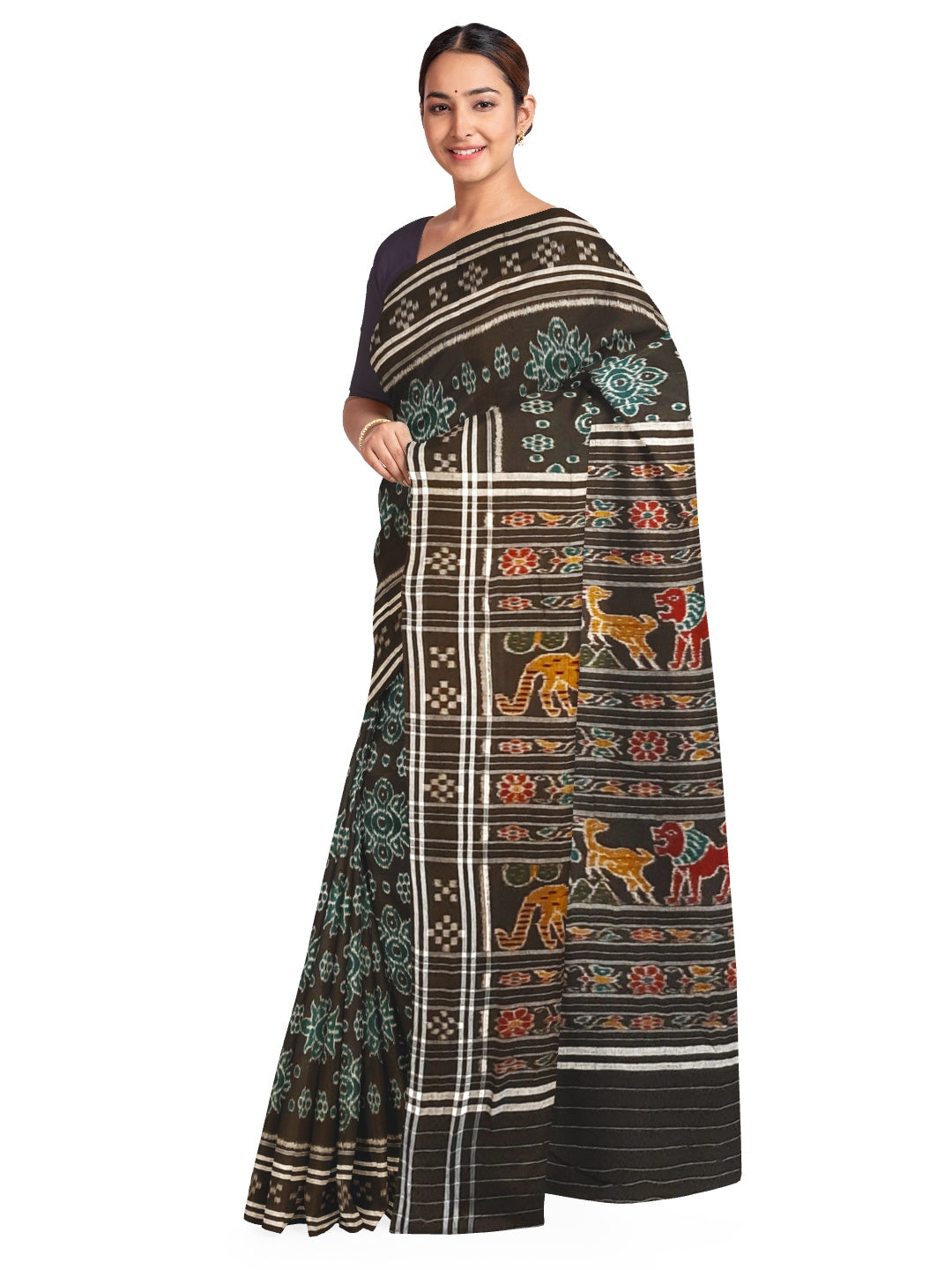 Black Odisha Ikat saree with woven motifs