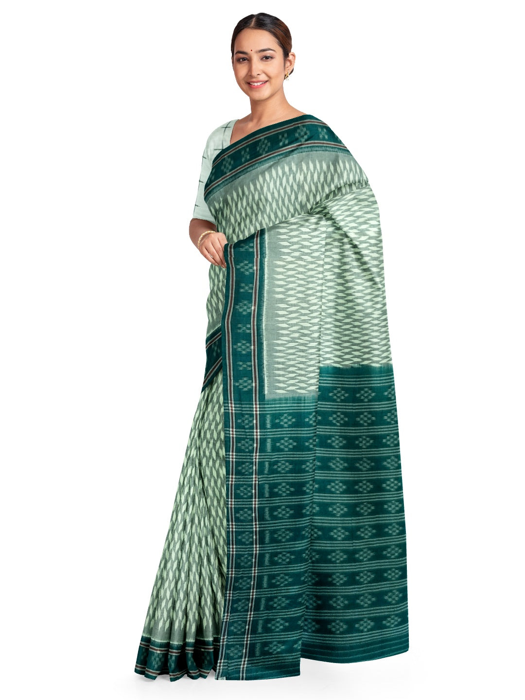 White with Green Cotton Odisha Ikat saree with mix match cotton ikat blouse piece