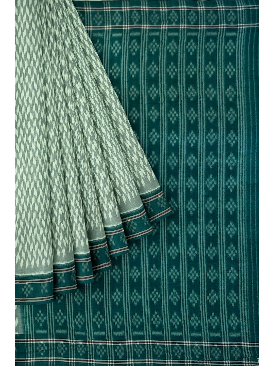 White with Green Cotton Odisha Ikat saree with mix match cotton ikat blouse piece