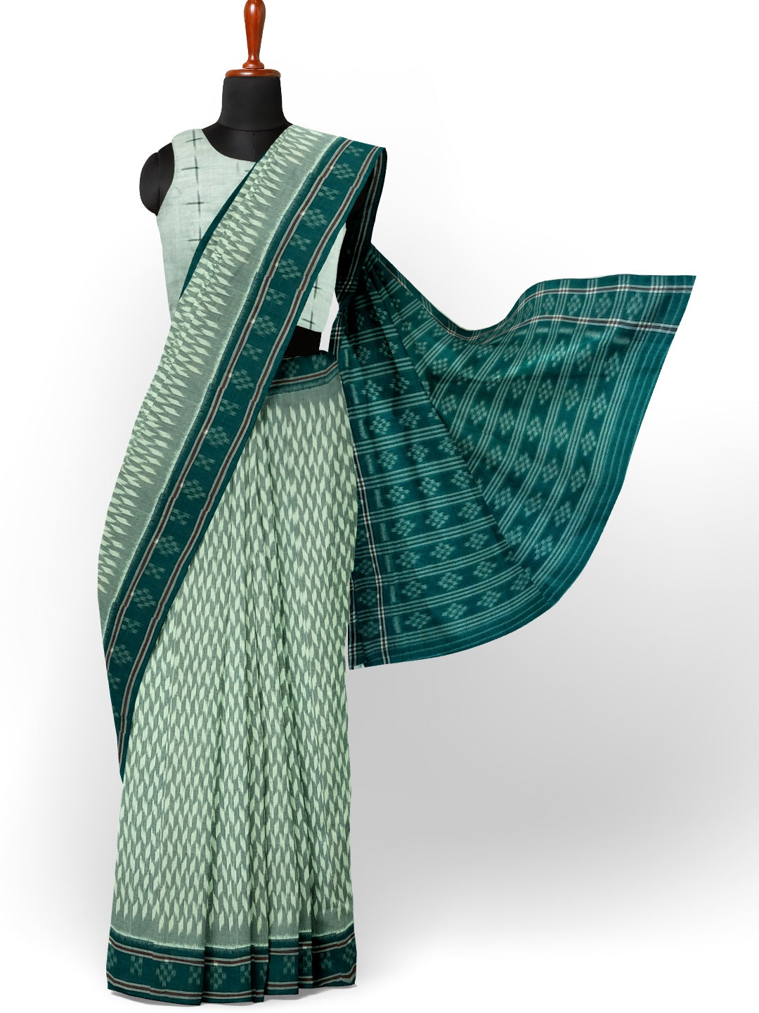 White with Green Cotton Odisha Ikat saree with mix match cotton ikat blouse piece
