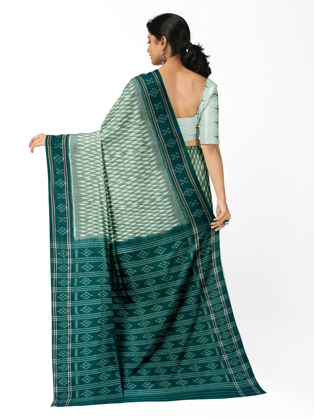 White with Green Cotton Odisha Ikat saree with mix match cotton ikat blouse piece
