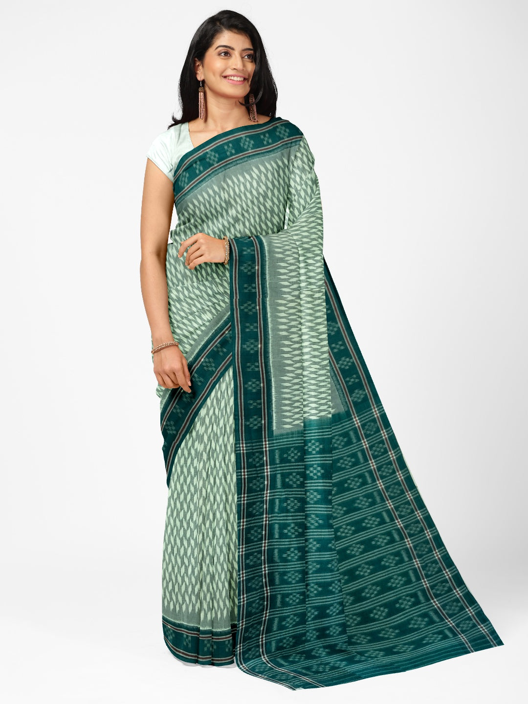 White with Green Cotton Odisha Ikat saree with mix match cotton ikat blouse piece