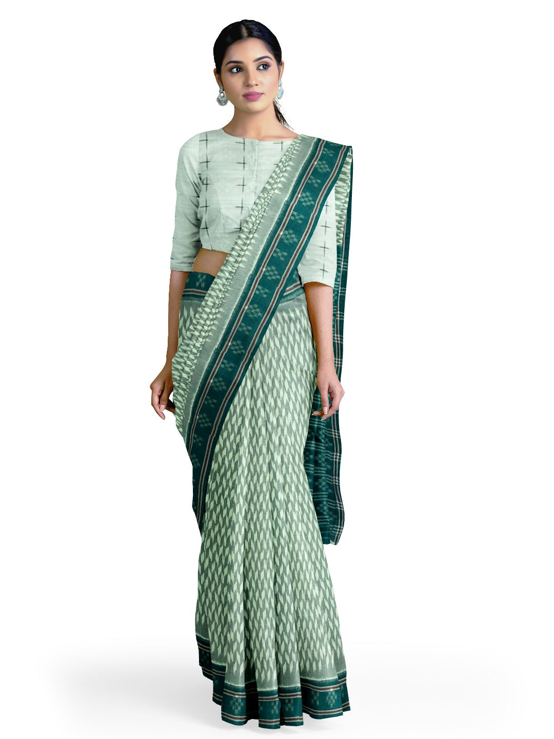 White with Green Cotton Odisha Ikat saree with mix match cotton ikat blouse piece