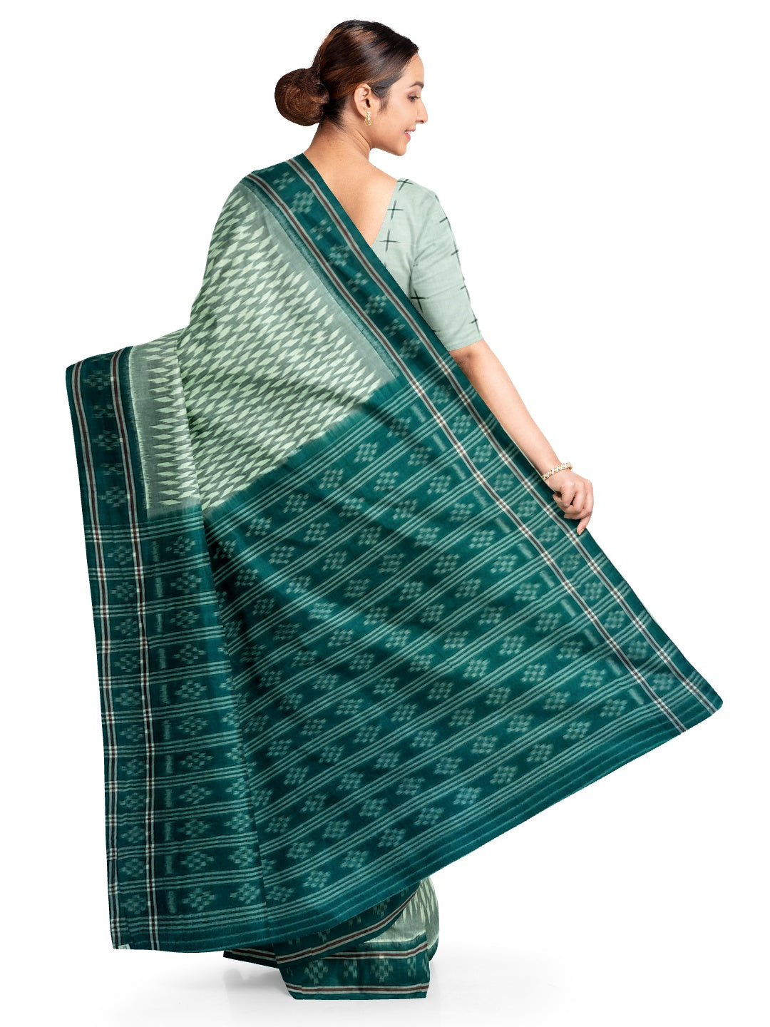 White with Green Cotton Odisha Ikat saree with mix match cotton ikat blouse piece