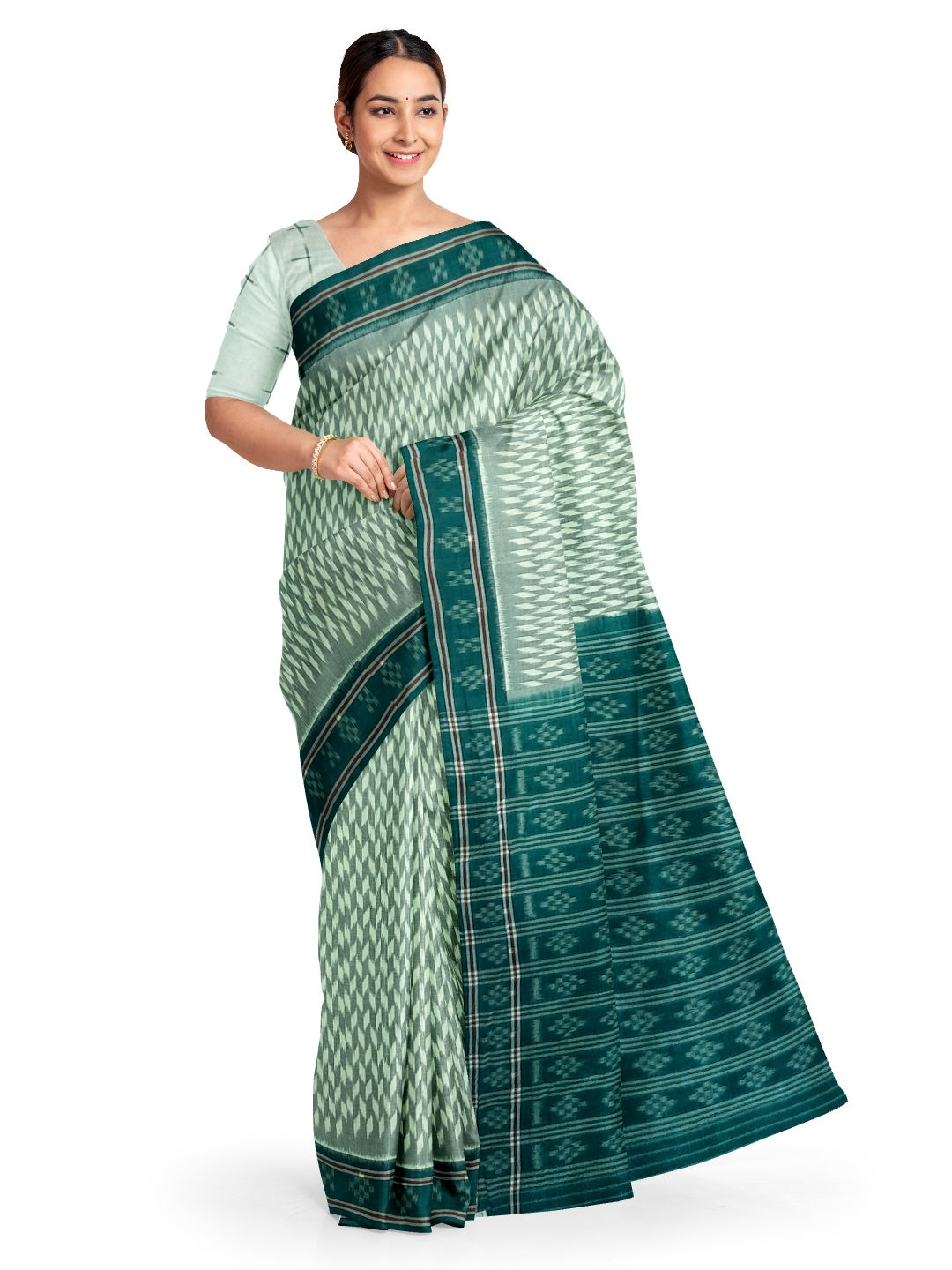 White with Green Cotton Odisha Ikat saree with mix match cotton ikat blouse piece