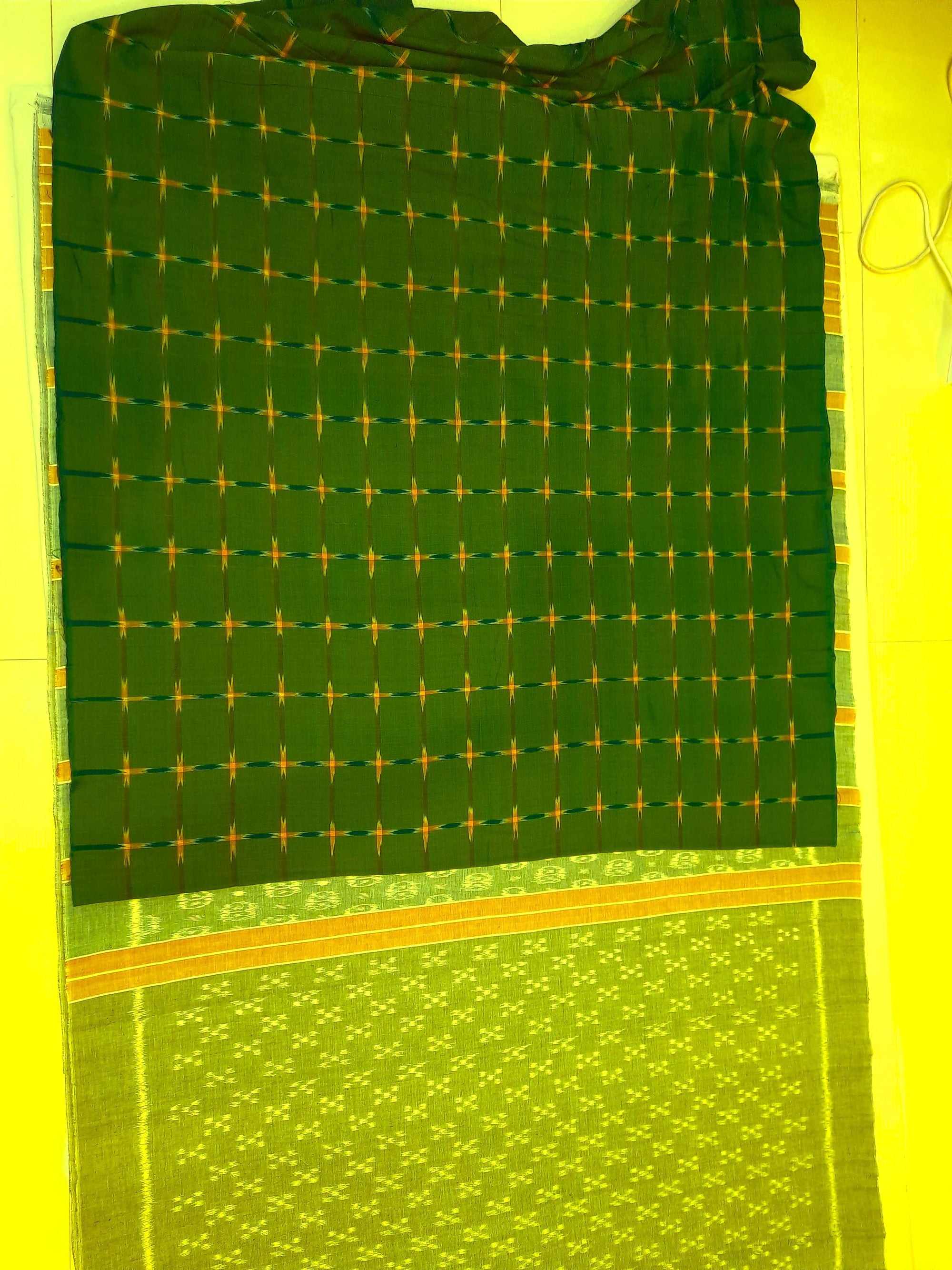 Green Cotton Odisha Ikat saree with mix match cotton ikat blouse piece