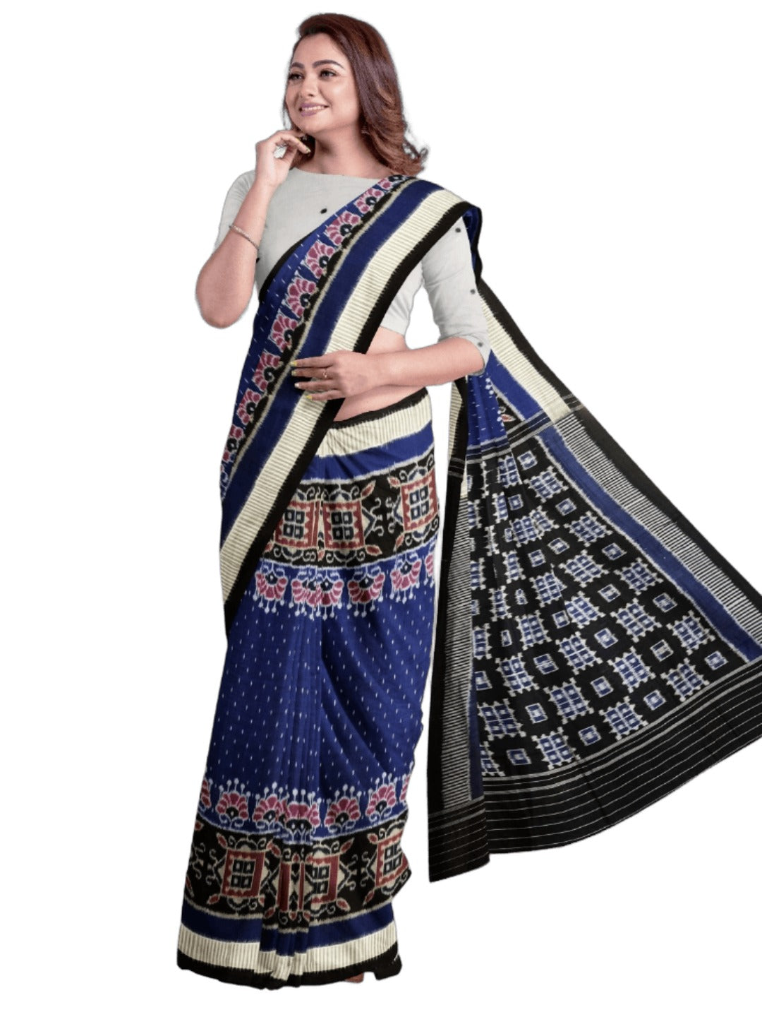 Blue with Black Cotton Odisha Ikat saree  with mix match cotton ikat blouse