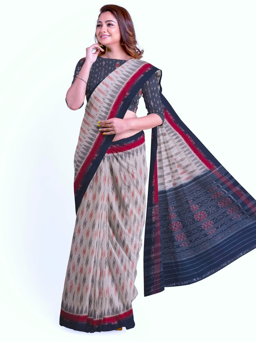 Beige with double border Cotton Odisha Ikat saree with cotton ikat blouse piece