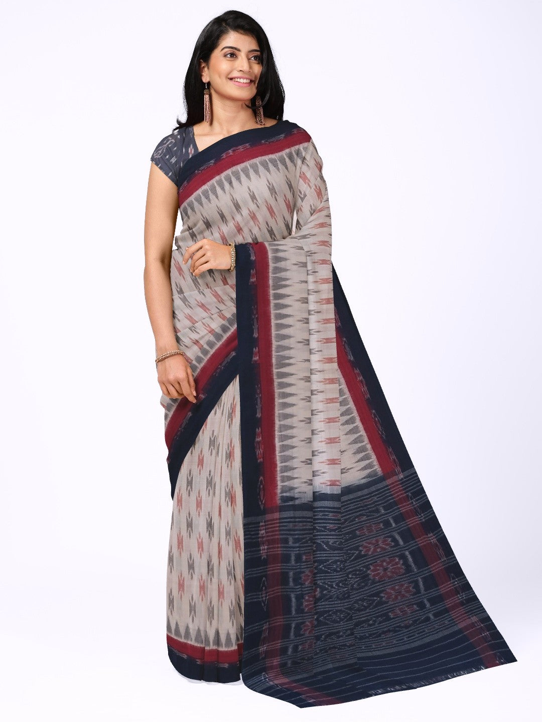 Beige with double border Cotton Odisha Ikat saree with cotton ikat blouse piece