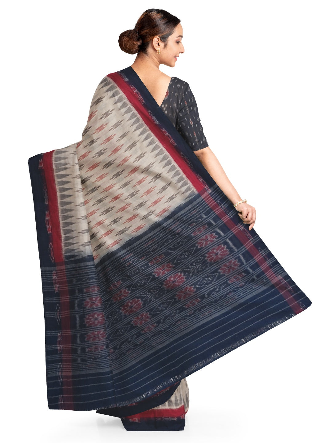 Beige with double border Cotton Odisha Ikat saree with cotton ikat blouse piece