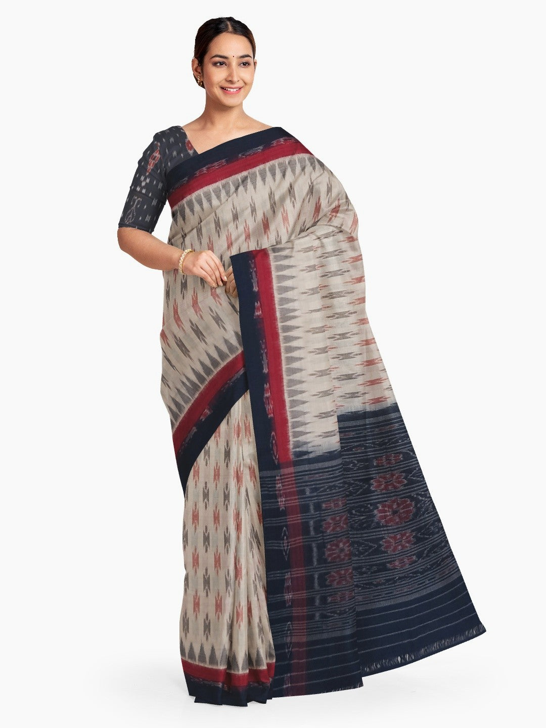 Beige with double border Cotton Odisha Ikat saree with cotton ikat blouse piece