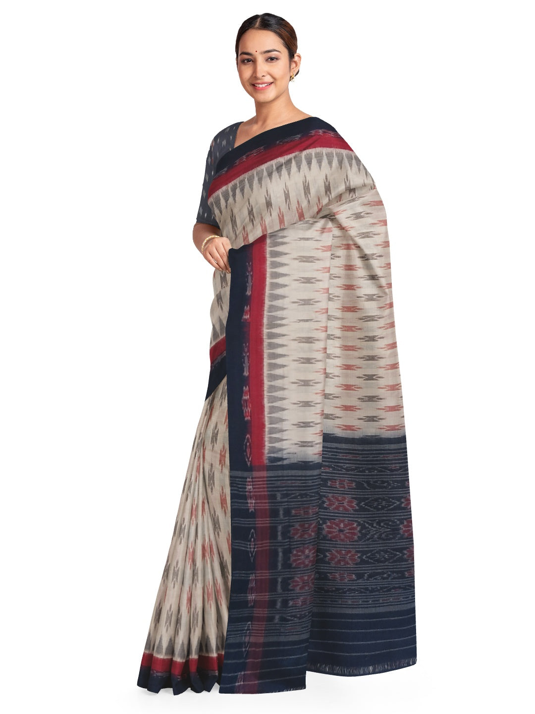 Beige with double border Cotton Odisha Ikat saree with cotton ikat blouse piece