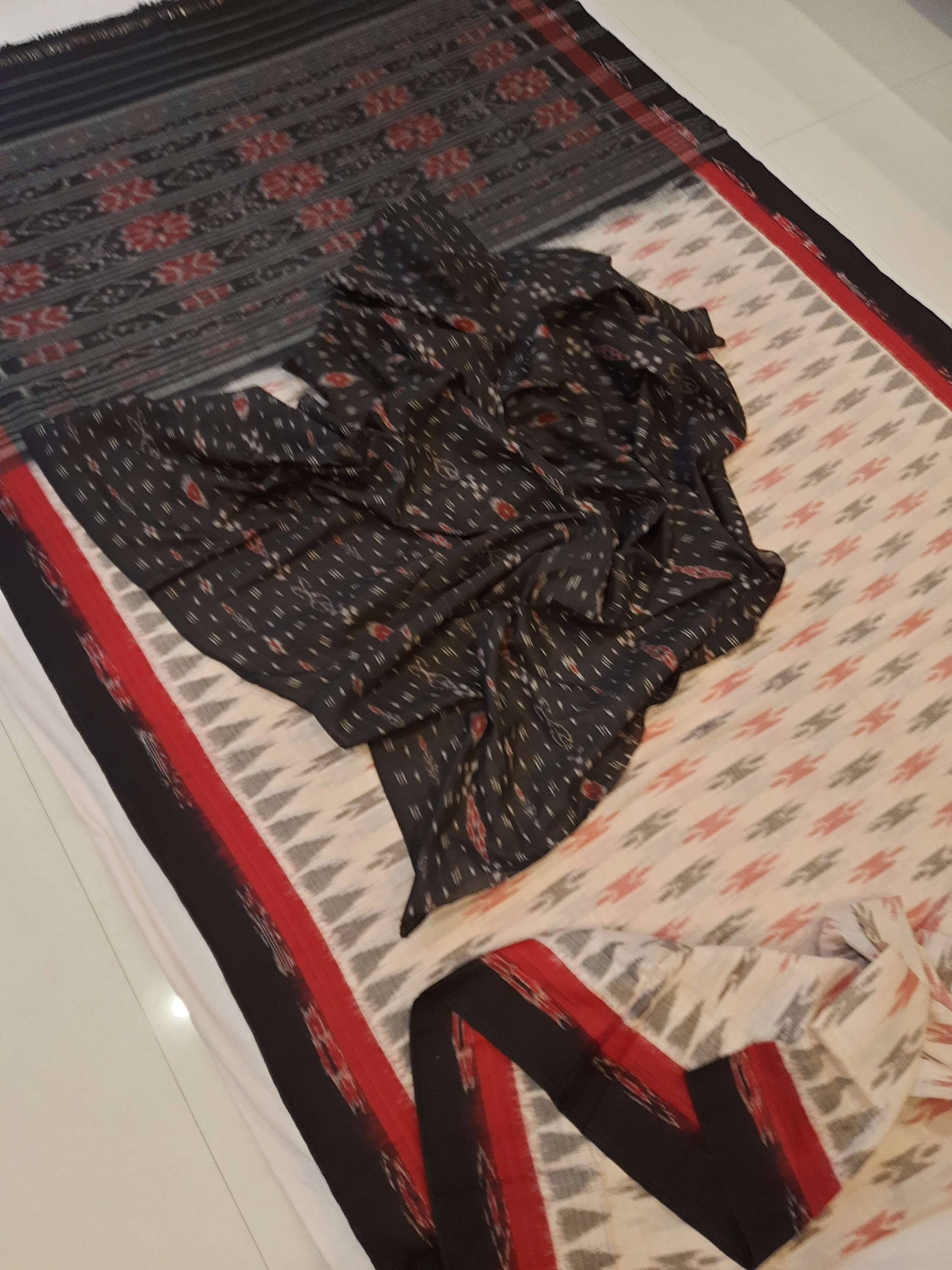 Beige with double border Cotton Odisha Ikat saree with cotton ikat blouse piece