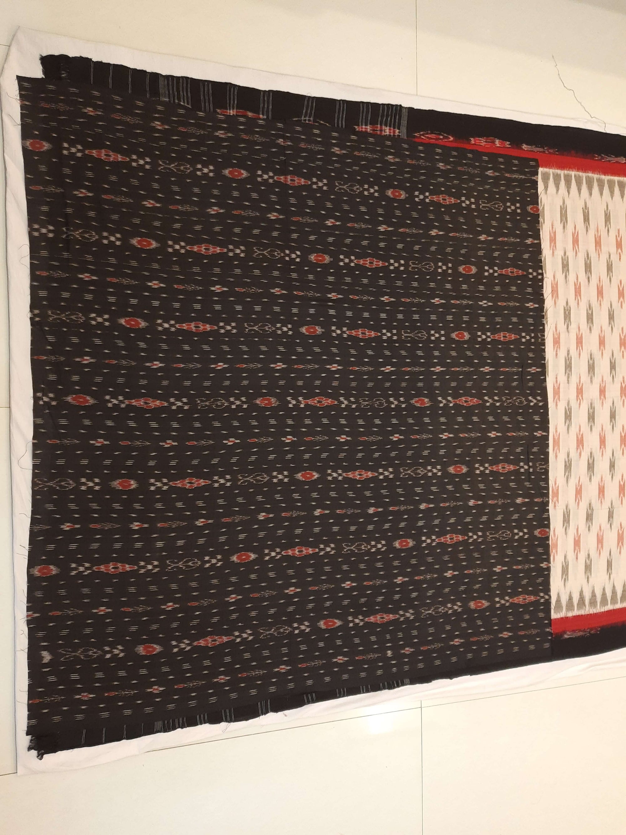 Beige with double border Cotton Odisha Ikat saree with cotton ikat blouse piece