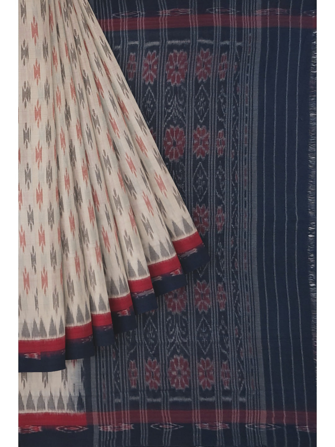 Beige with double border Cotton Odisha Ikat saree with cotton ikat blouse piece