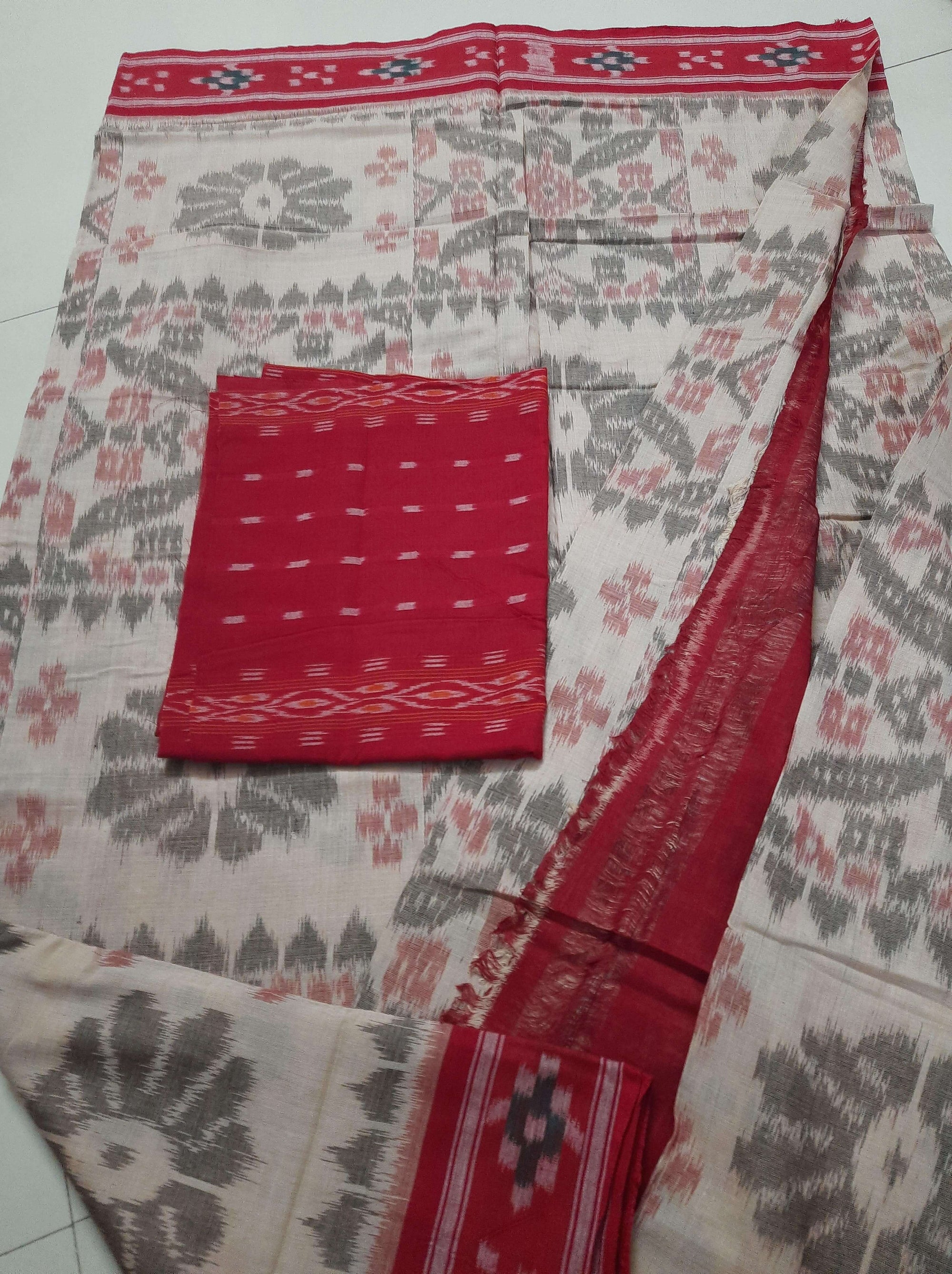 Beige and Red coloured Odisha Ikat saree  with cotton ikat blouse piece