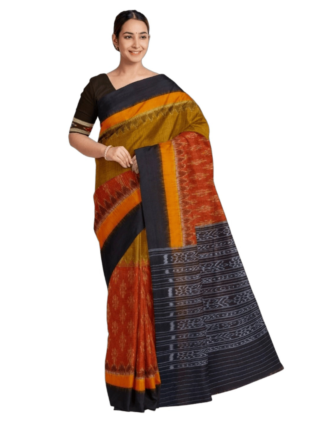 Maroon Mustard half half coloured body Odisha Ikat saree with cotton ikat blouse piece