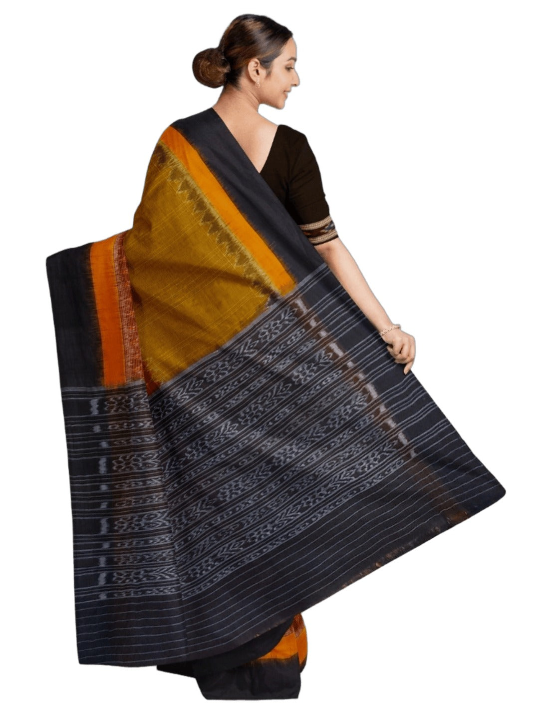 Maroon Mustard half half coloured body Odisha Ikat saree with cotton ikat blouse piece