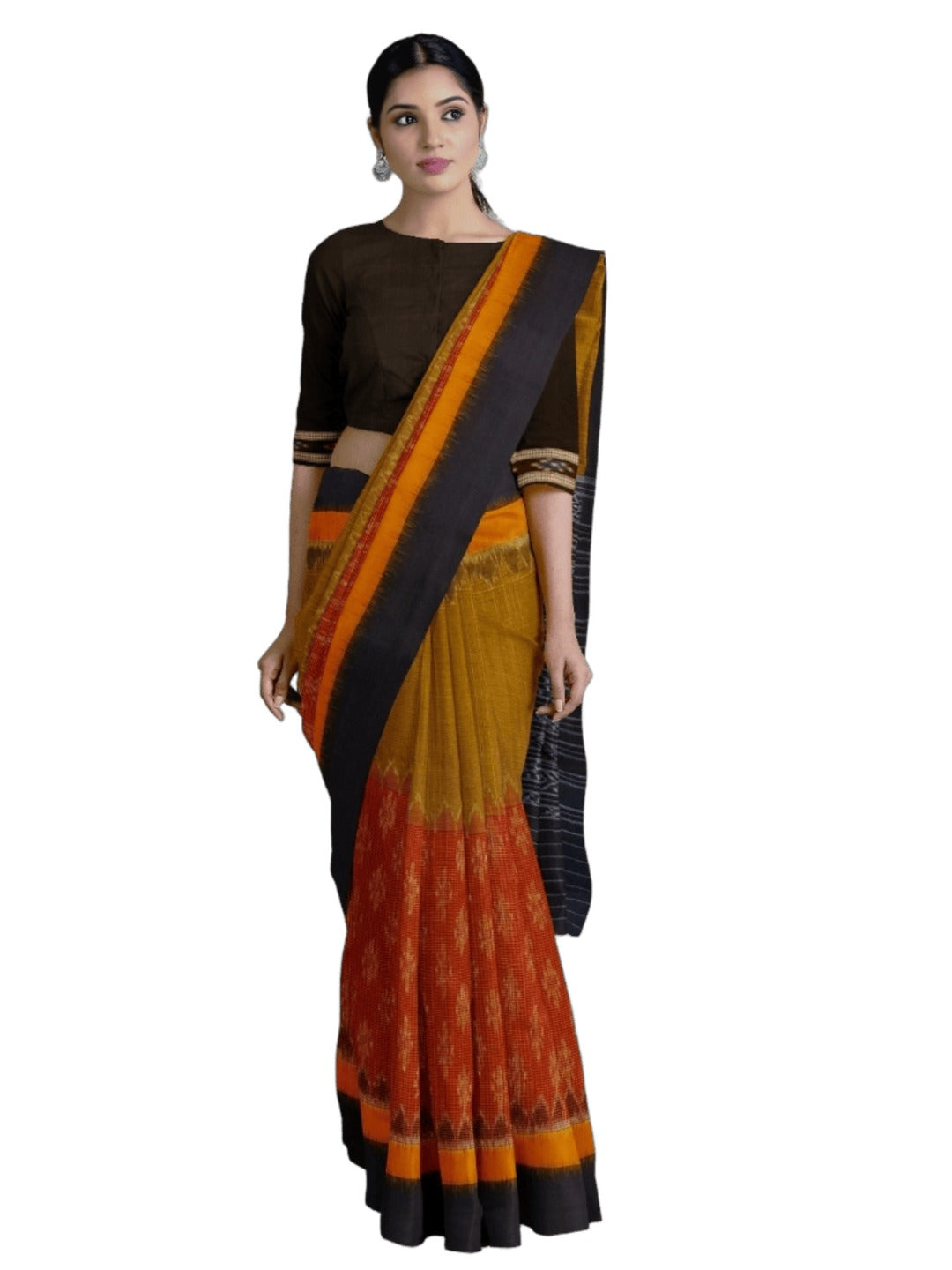 Maroon Mustard half half coloured body Odisha Ikat saree with cotton ikat blouse piece