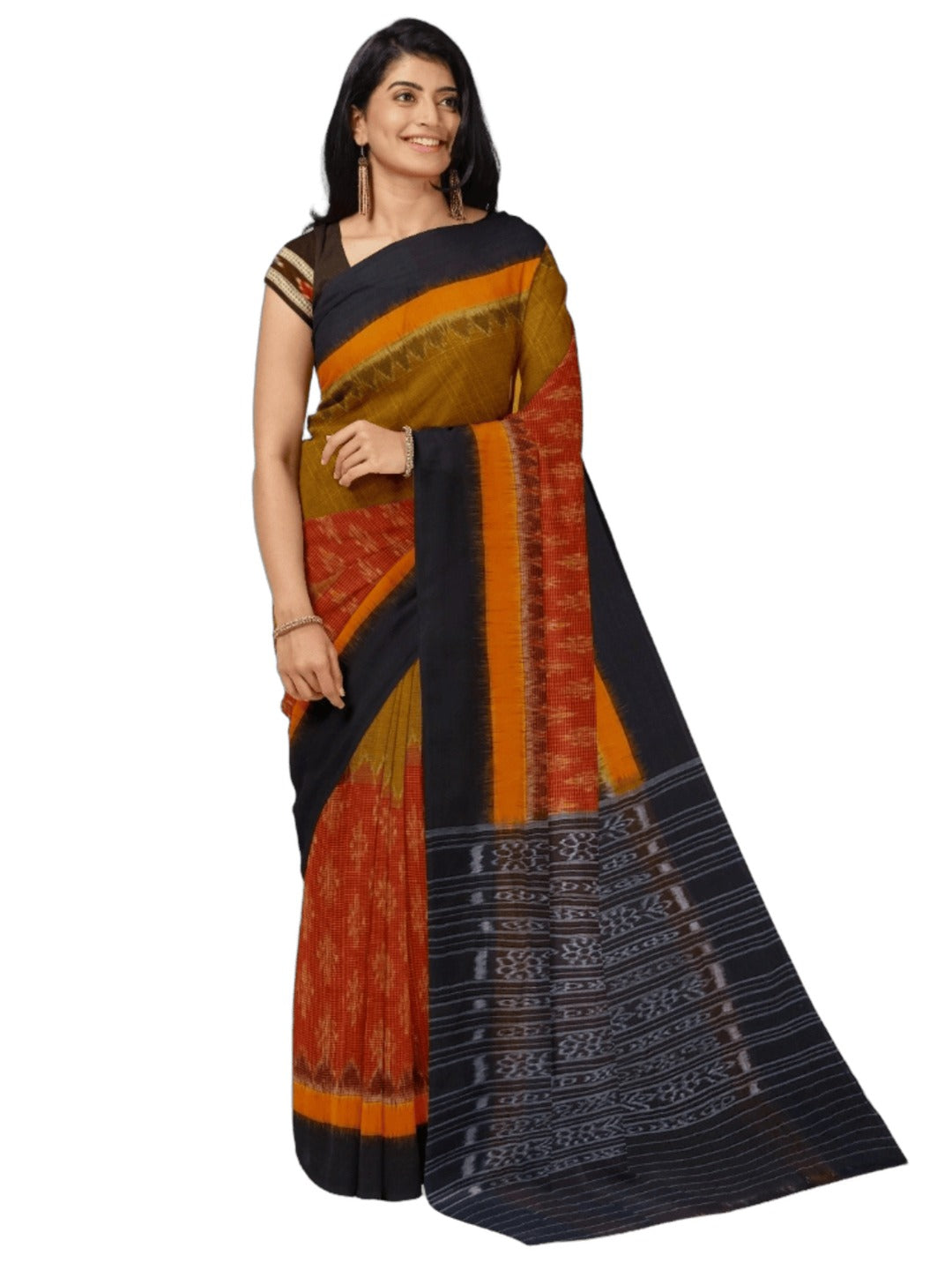 Maroon Mustard half half coloured body Odisha Ikat saree with cotton ikat blouse piece