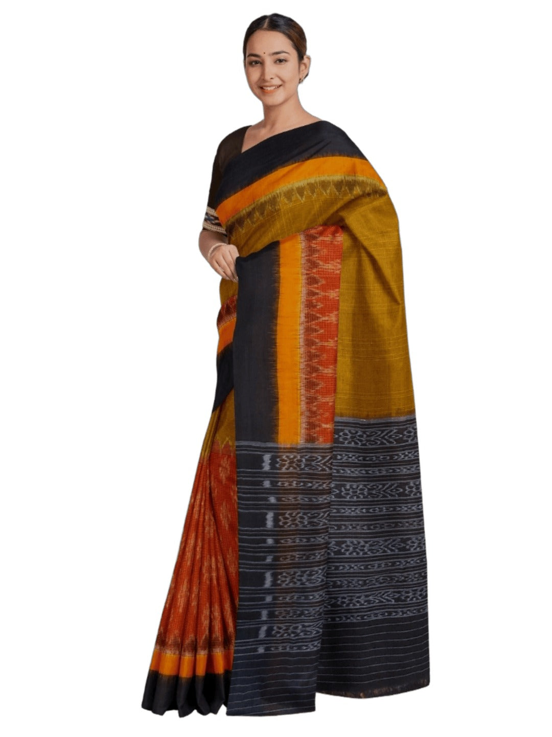 Maroon Mustard half half coloured body Odisha Ikat saree with cotton ikat blouse piece