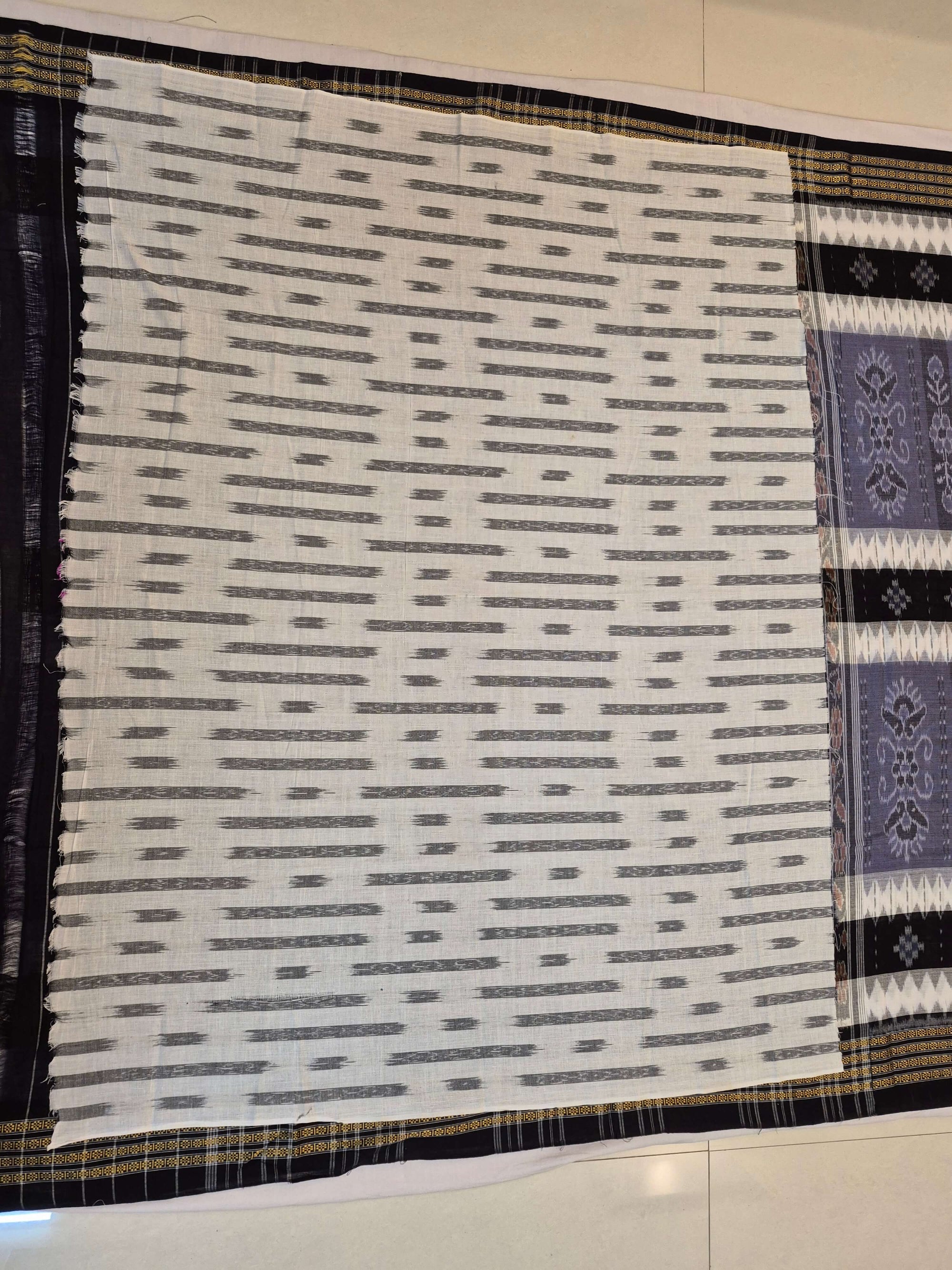 Grey with Black Cotton Ikat saree with cotton ikat blouse piece