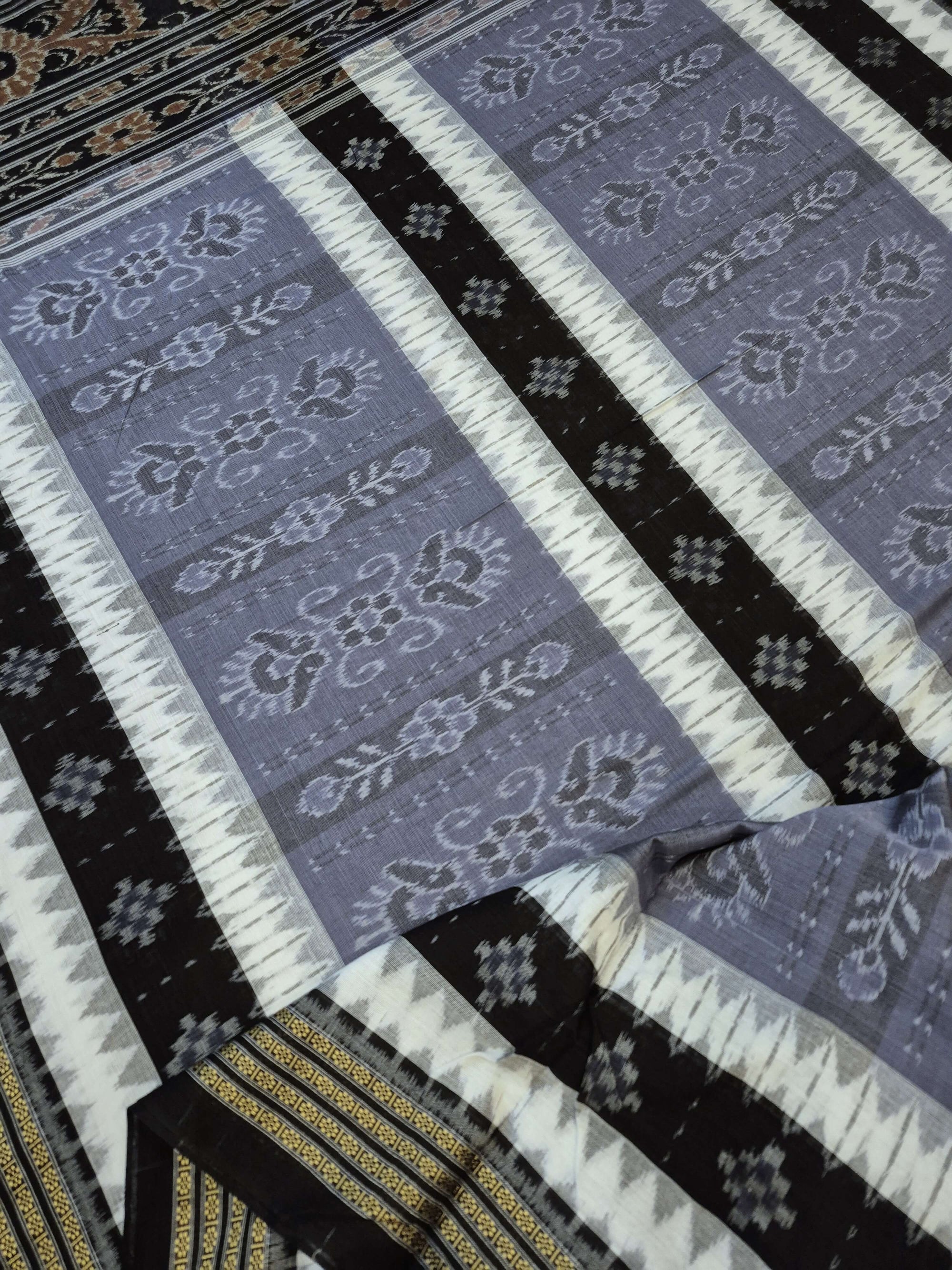 Grey with Black Cotton Ikat saree with cotton ikat blouse piece