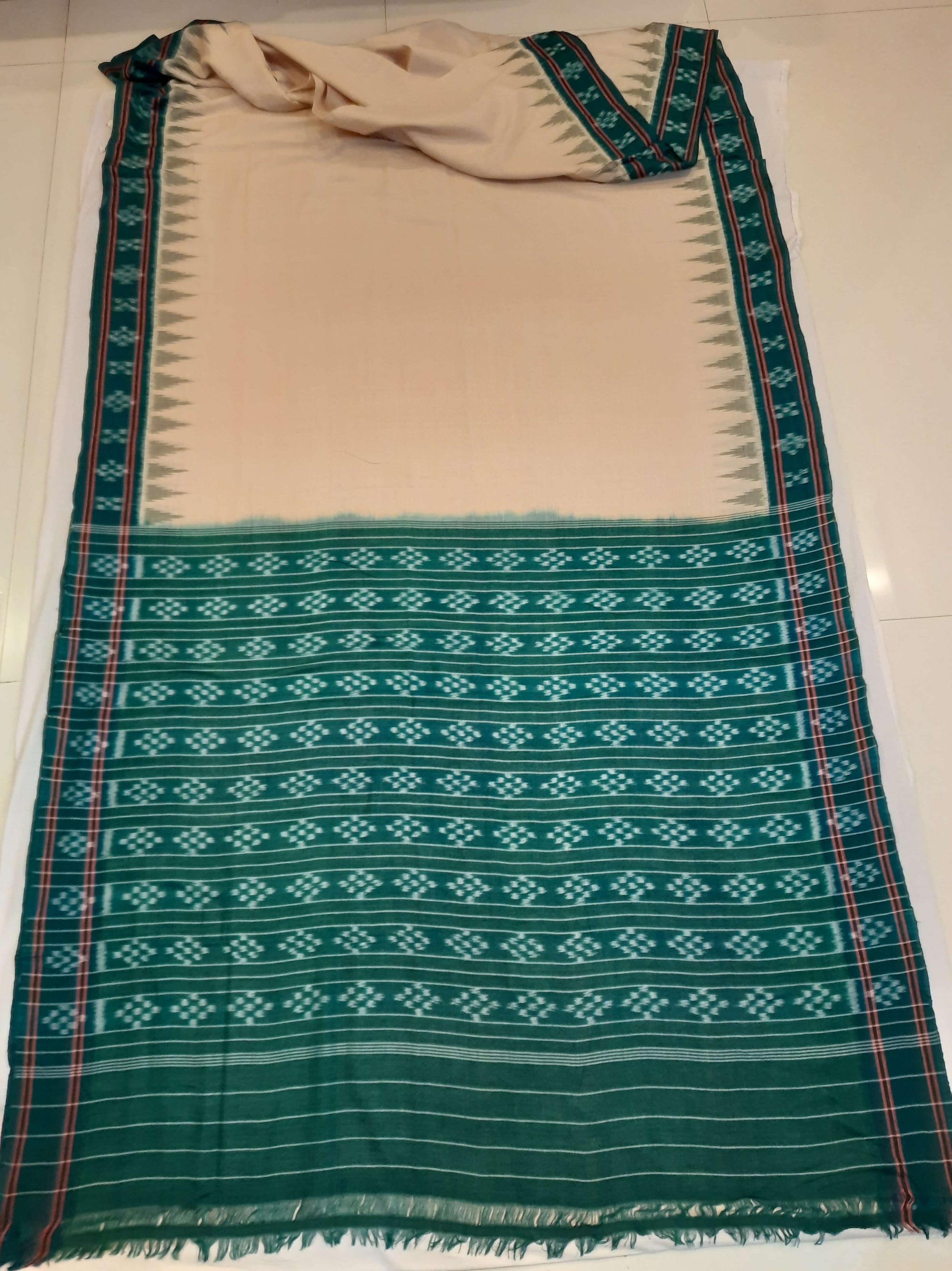 Beige with Green Cotton Odisha Ikat saree with green cotton ikat blouse piece