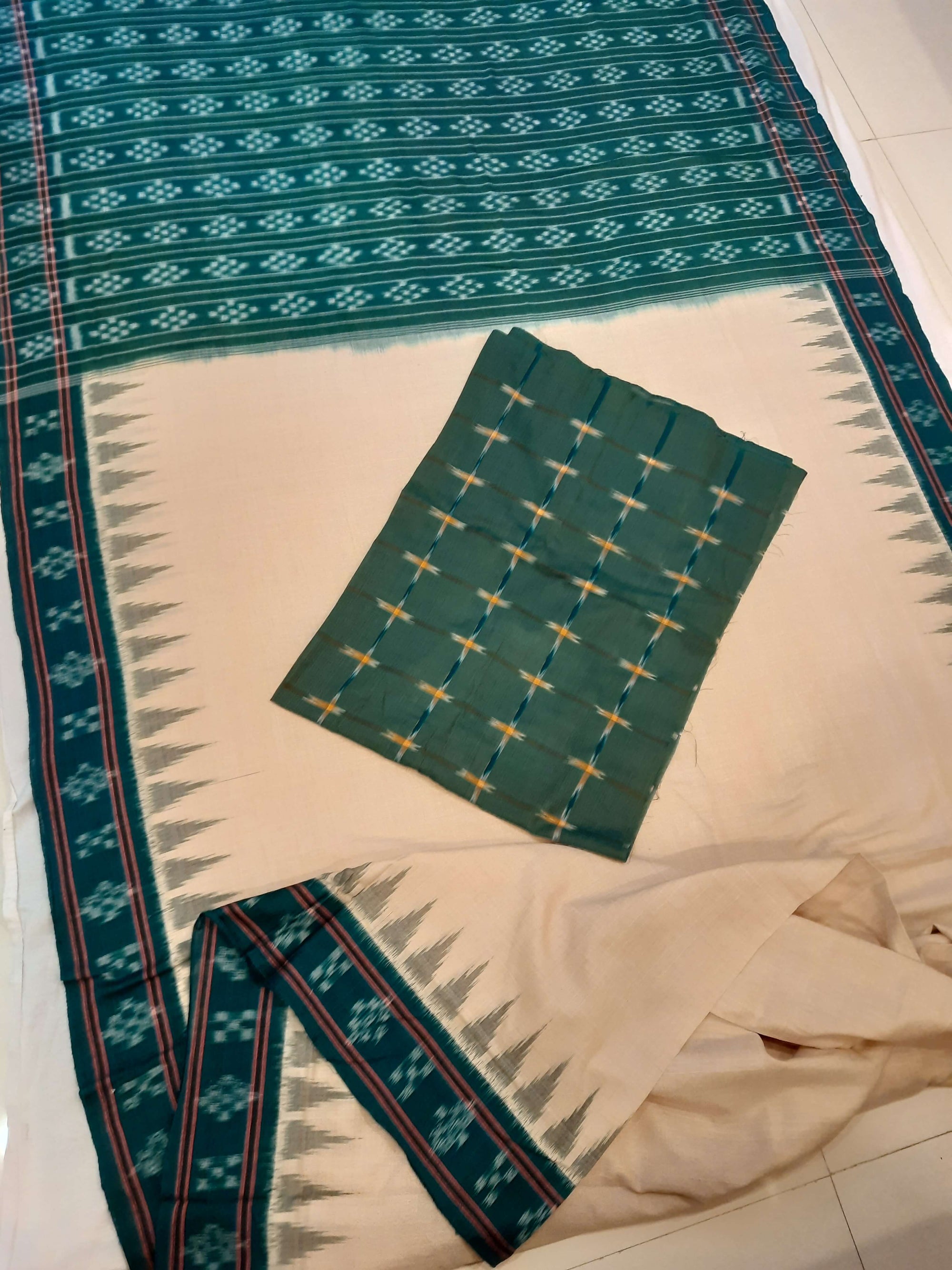 Beige with Green Cotton Odisha Ikat saree with green cotton ikat blouse piece