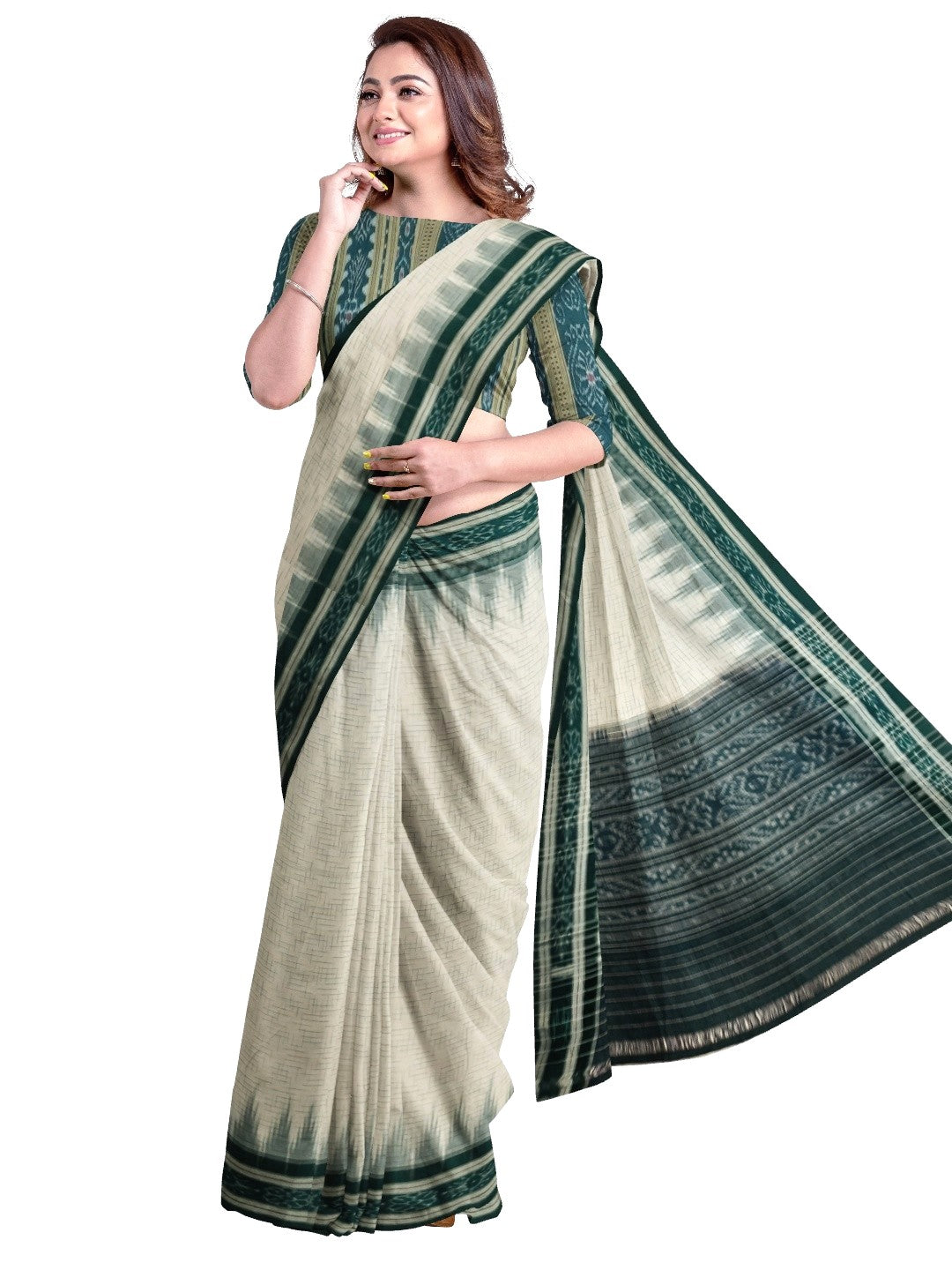 White with Green Cotton Odisha Ikat saree with mix match cotton ikat blouse piece
