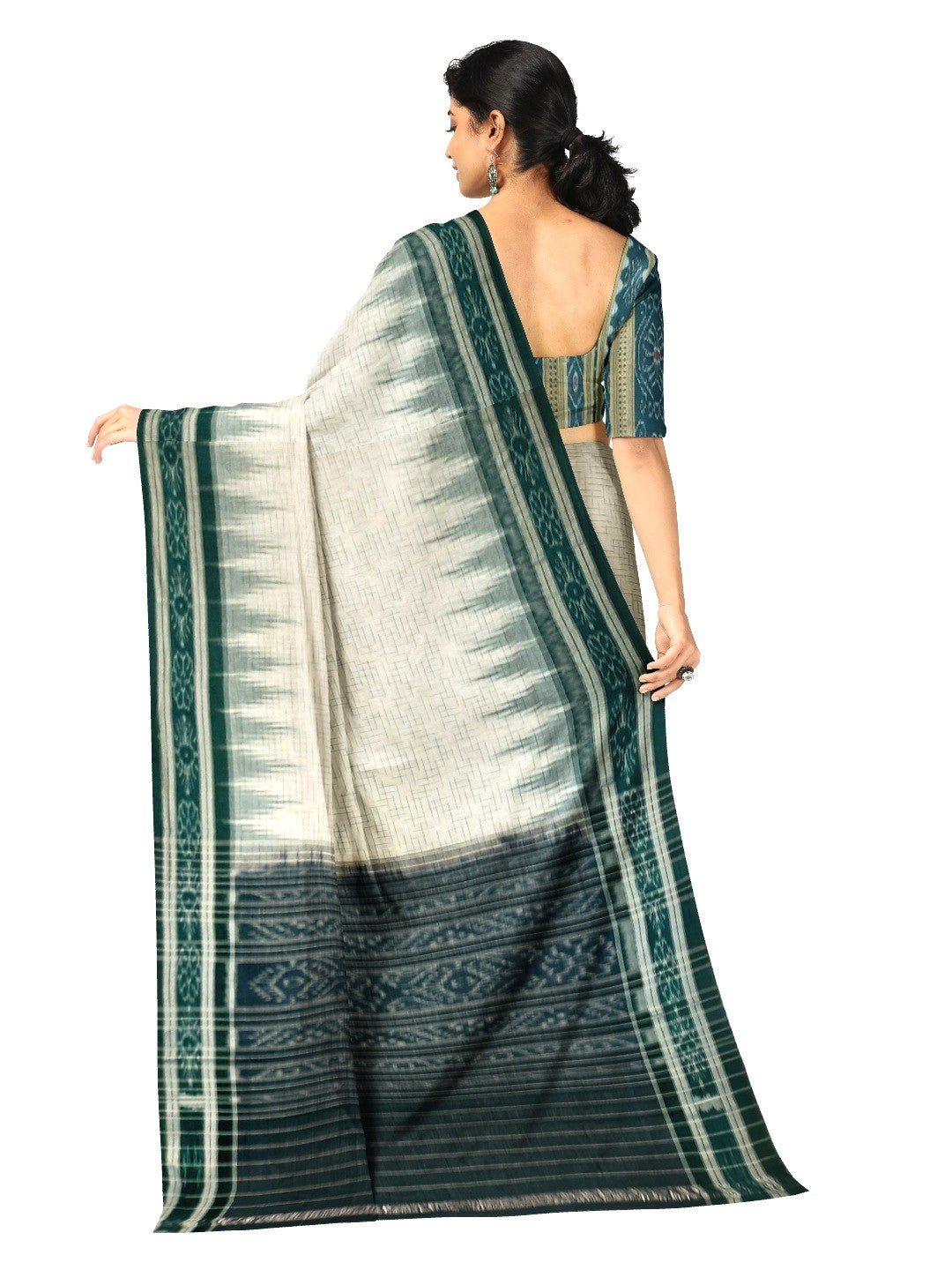 White with Green Cotton Odisha Ikat saree with mix match cotton ikat blouse piece