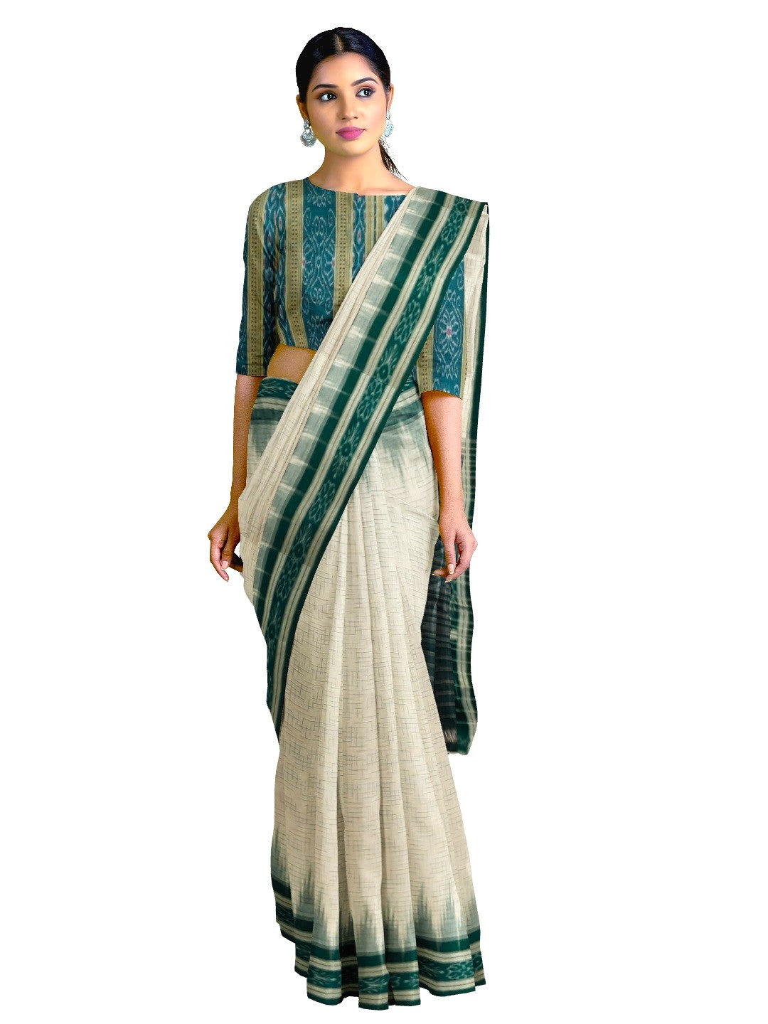 White with Green Cotton Odisha Ikat saree with mix match cotton ikat blouse piece