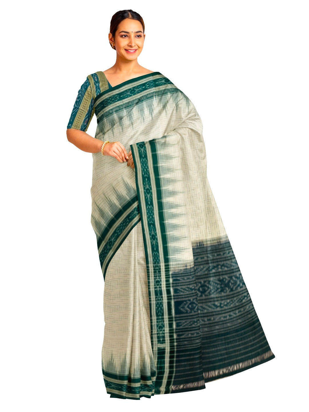 White with Green Cotton Odisha Ikat saree with mix match cotton ikat blouse piece