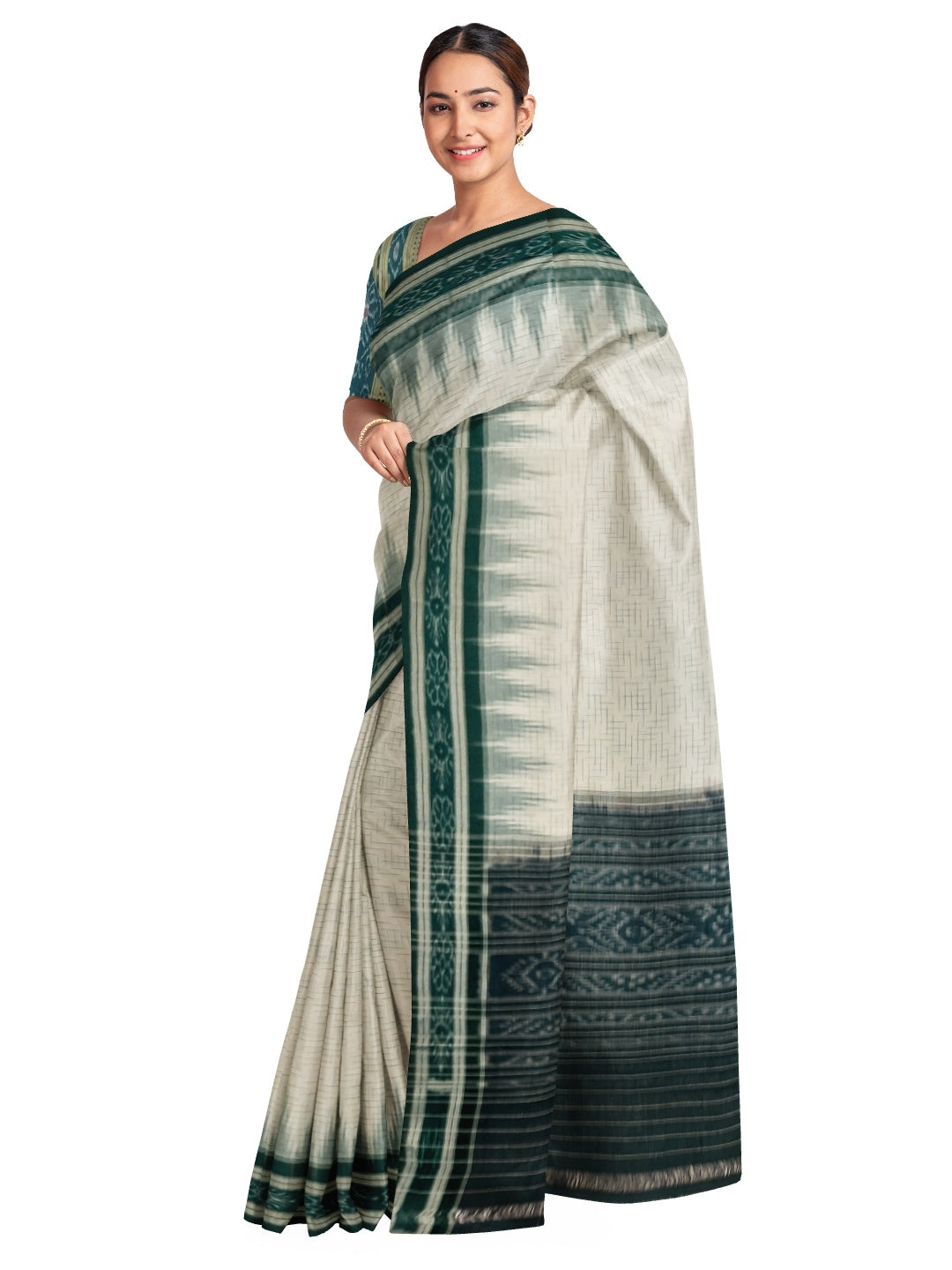 White with Green Cotton Odisha Ikat saree with mix match cotton ikat blouse piece