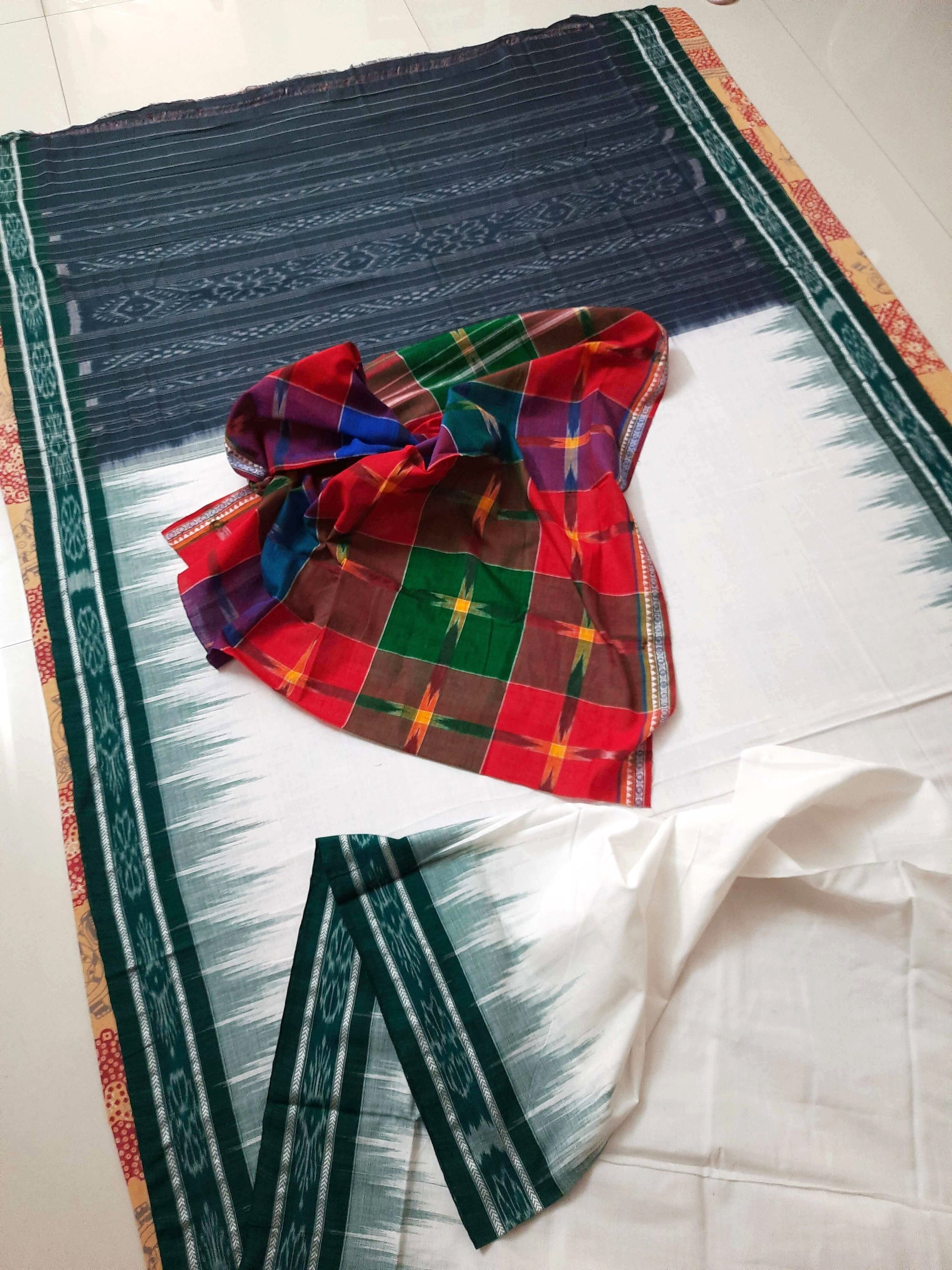 White and Green Odisha Ikat saree with cotton ikat blouse piece