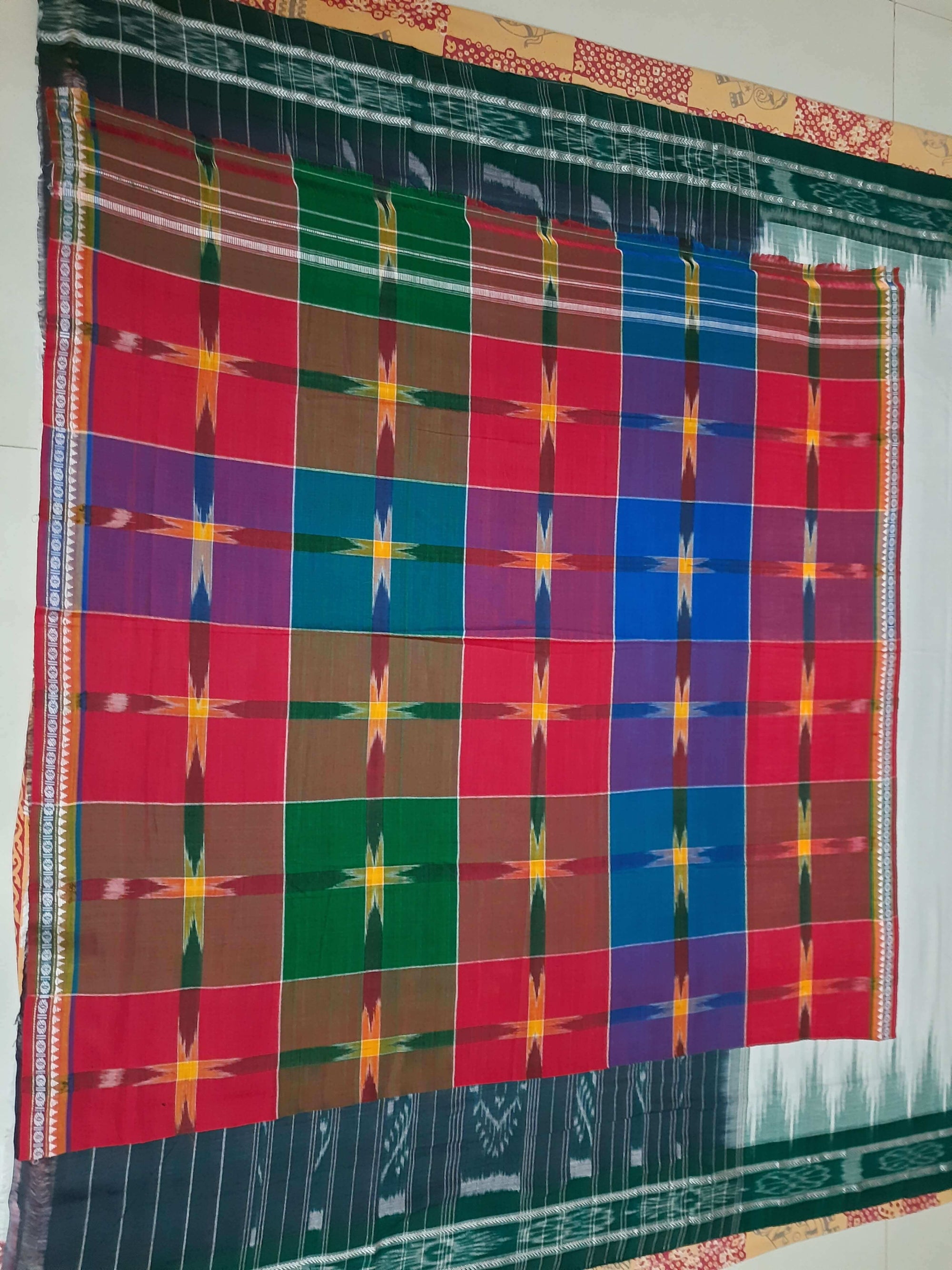 White and Green Odisha Ikat saree with cotton ikat blouse piece