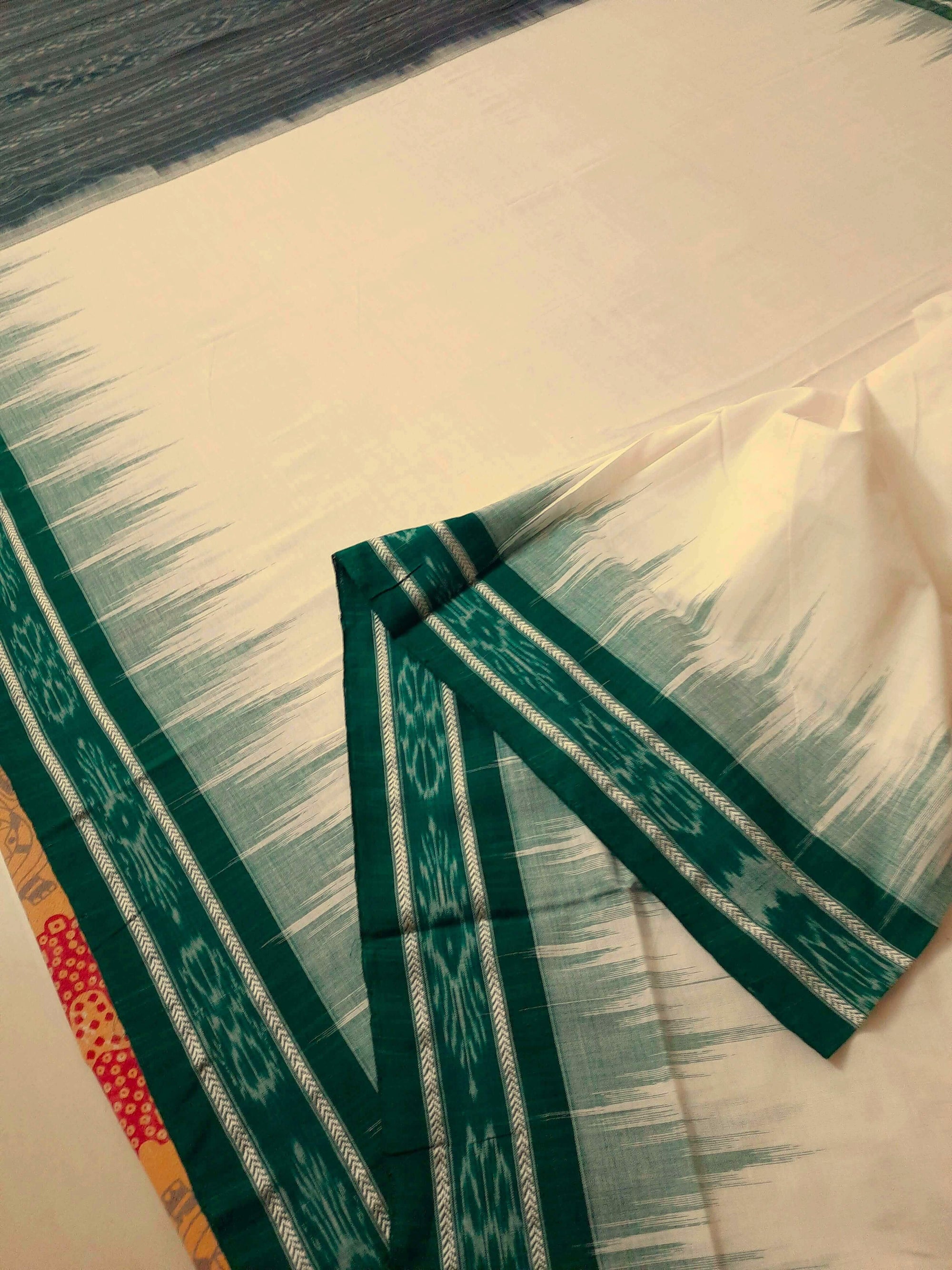 White and Green Odisha Ikat saree with cotton ikat blouse piece