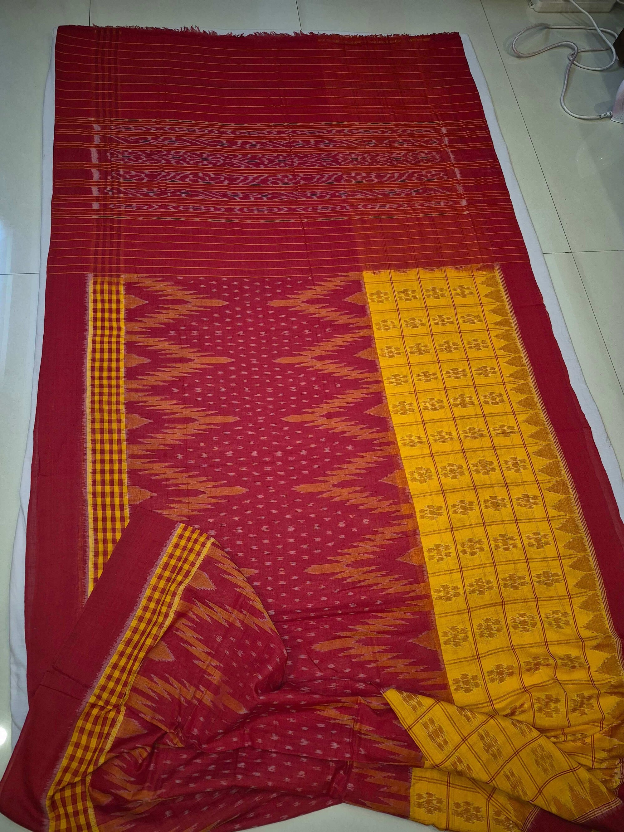 Yellow Red half half body coloured Odisha Ikat saree with cotton ikat blouse piece