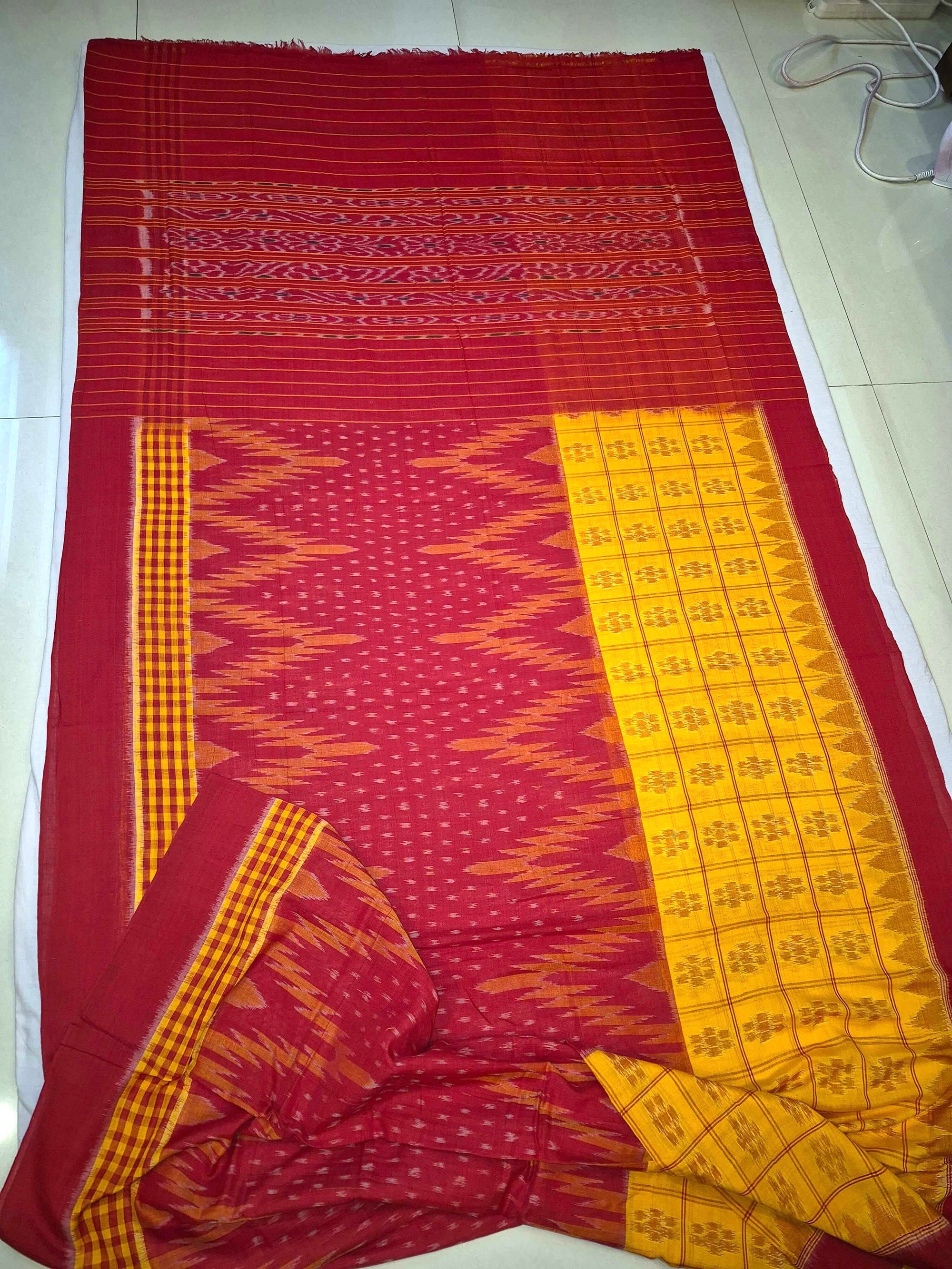 Yellow Red half half body coloured Odisha Ikat saree with cotton ikat blouse piece