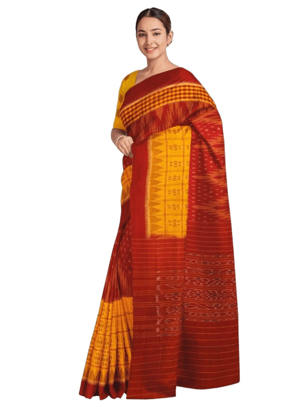 Yellow Red half half body coloured Odisha Ikat saree with cotton ikat blouse piece