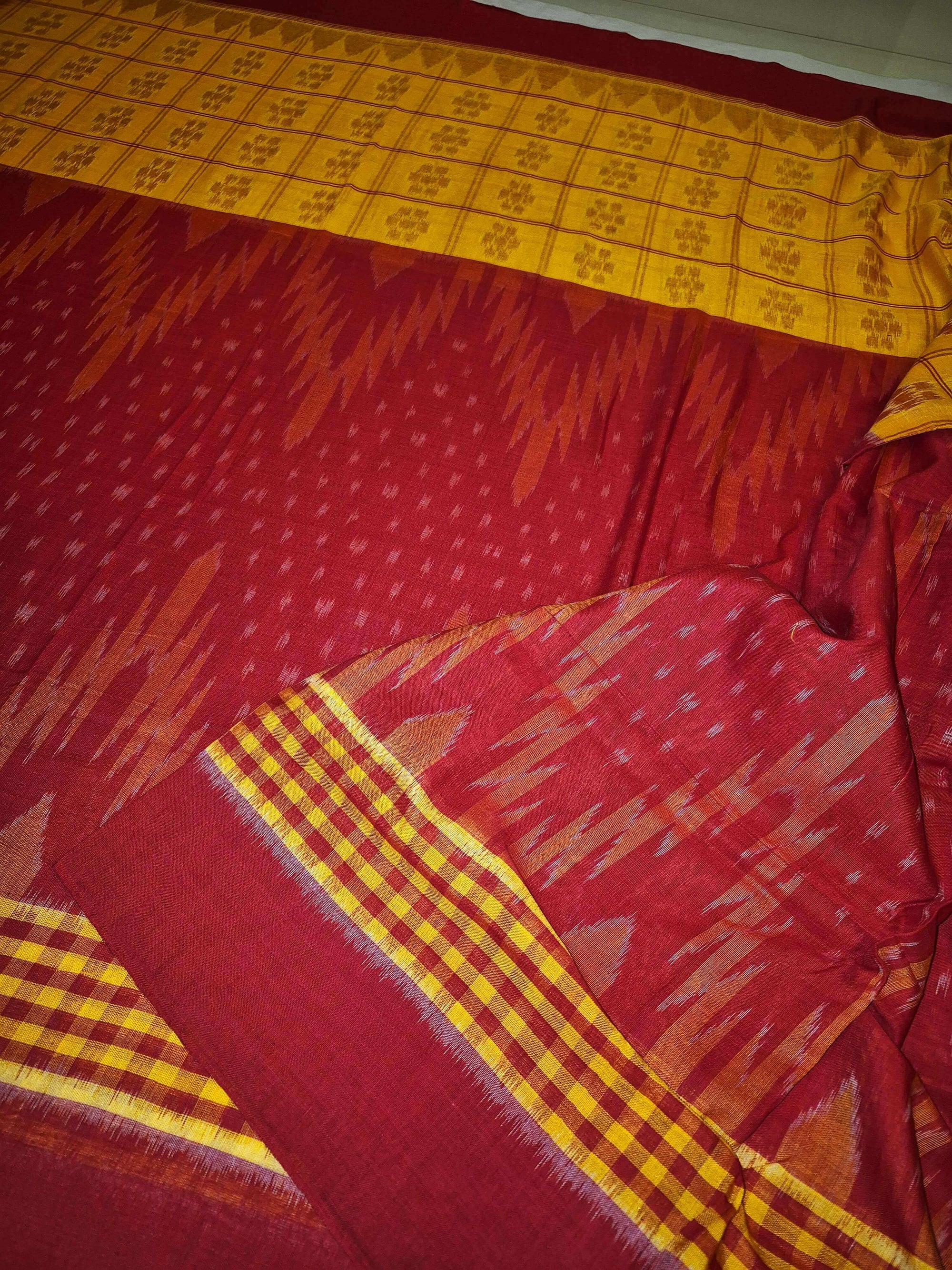 Yellow Red half half body coloured Odisha Ikat saree with cotton ikat blouse piece
