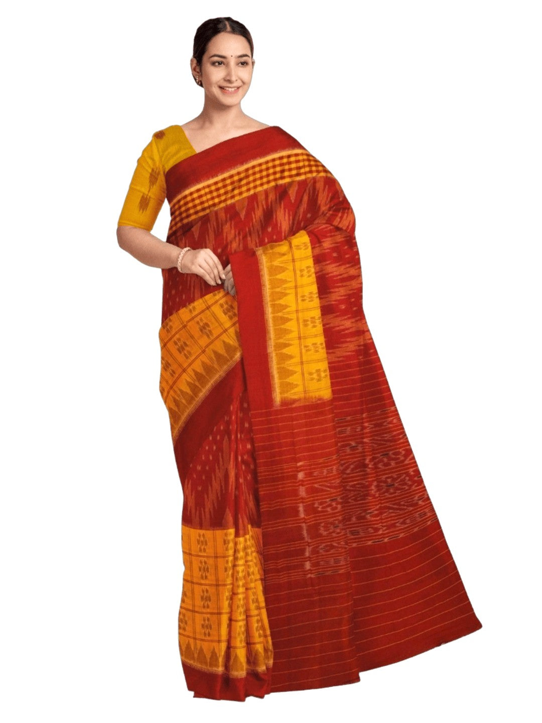 Yellow Red half half body coloured Odisha Ikat saree with cotton ikat blouse piece