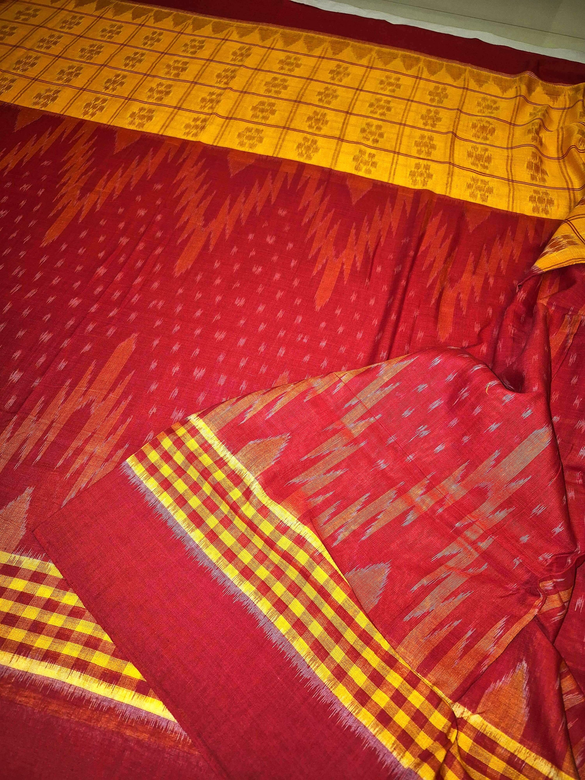 Yellow Red half half body coloured Odisha Ikat saree with cotton ikat blouse piece