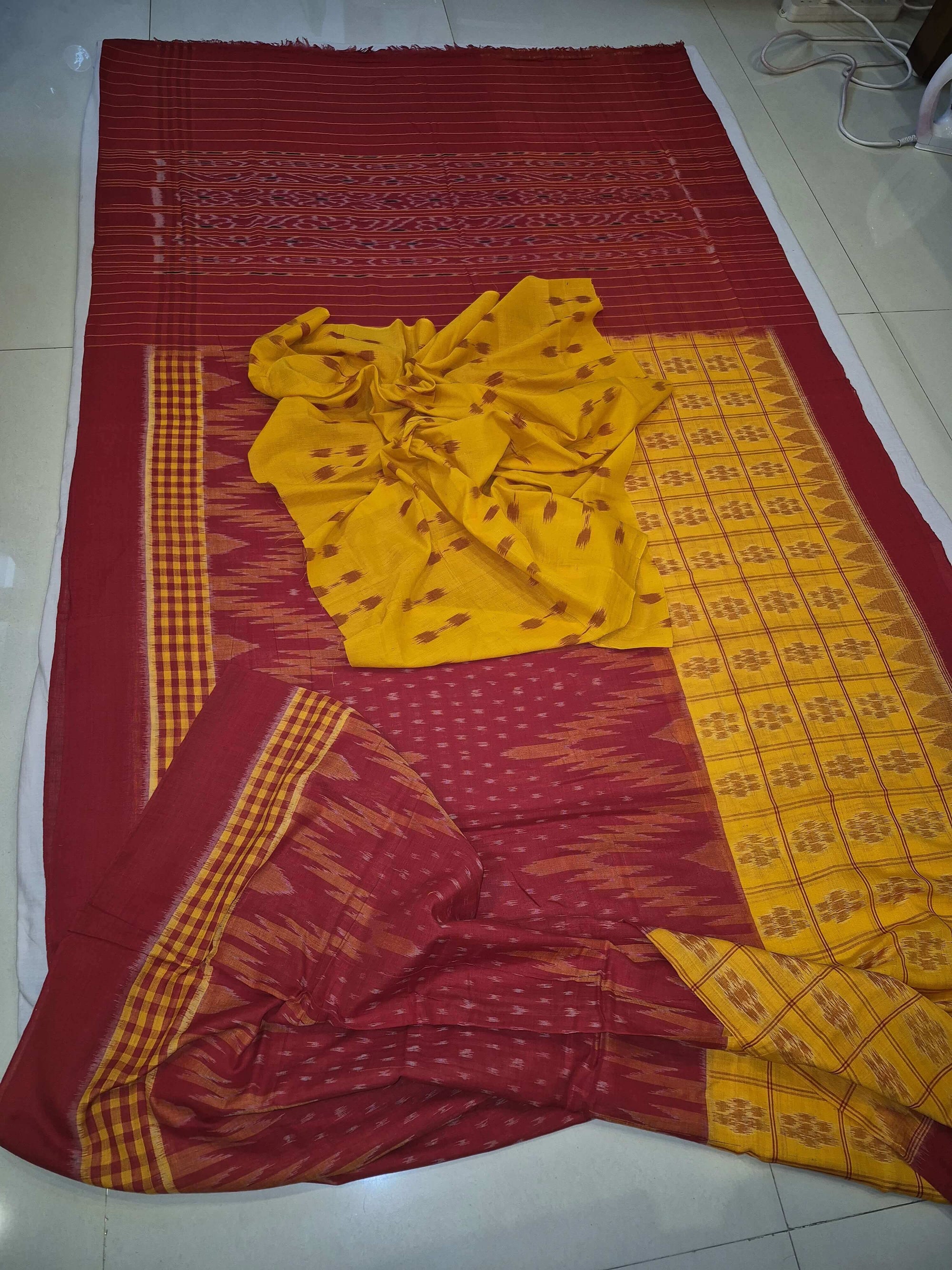 Yellow Red half half body coloured Odisha Ikat saree with cotton ikat blouse piece
