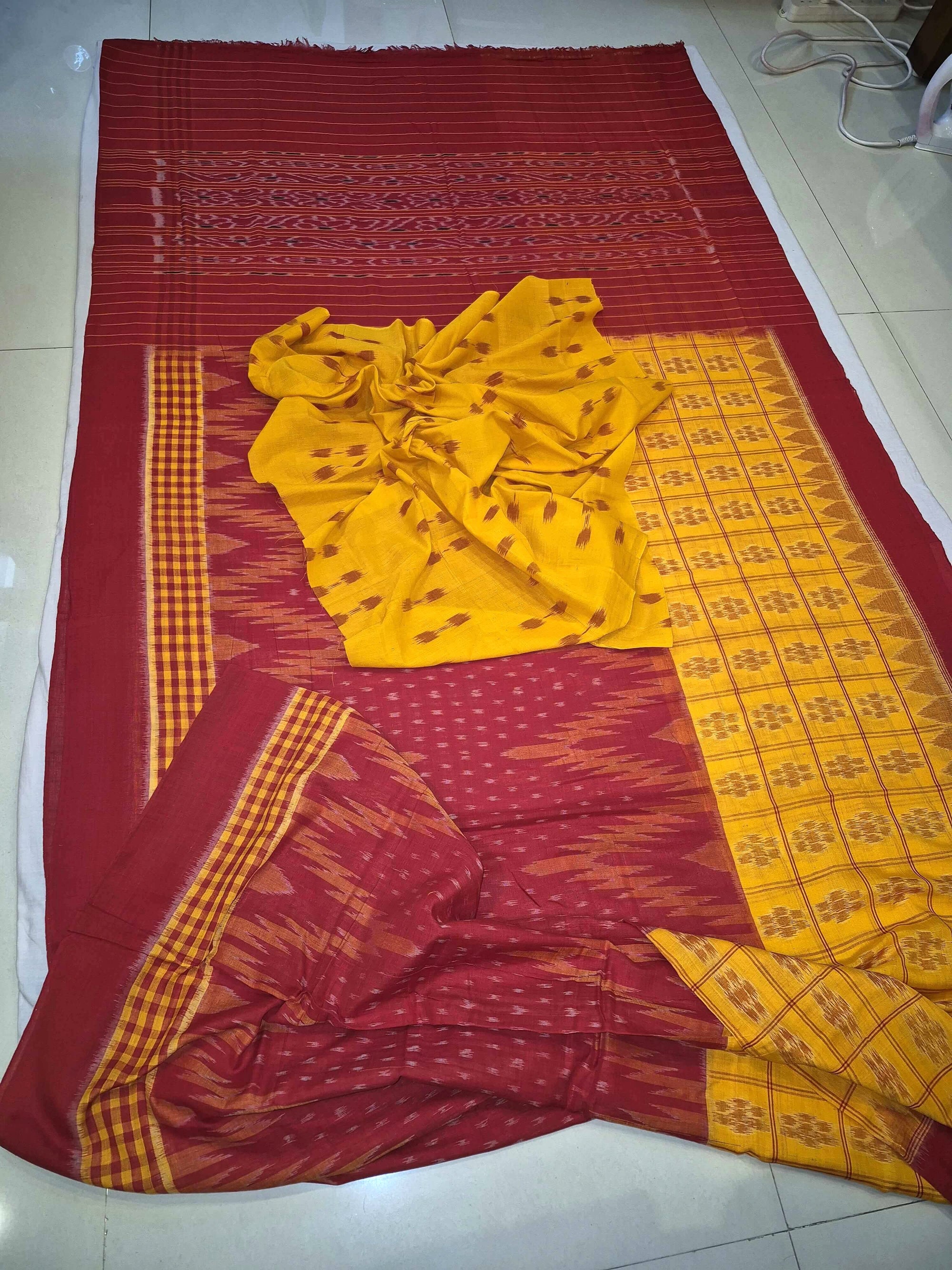 Yellow Red half half body coloured Odisha Ikat saree with cotton ikat blouse piece