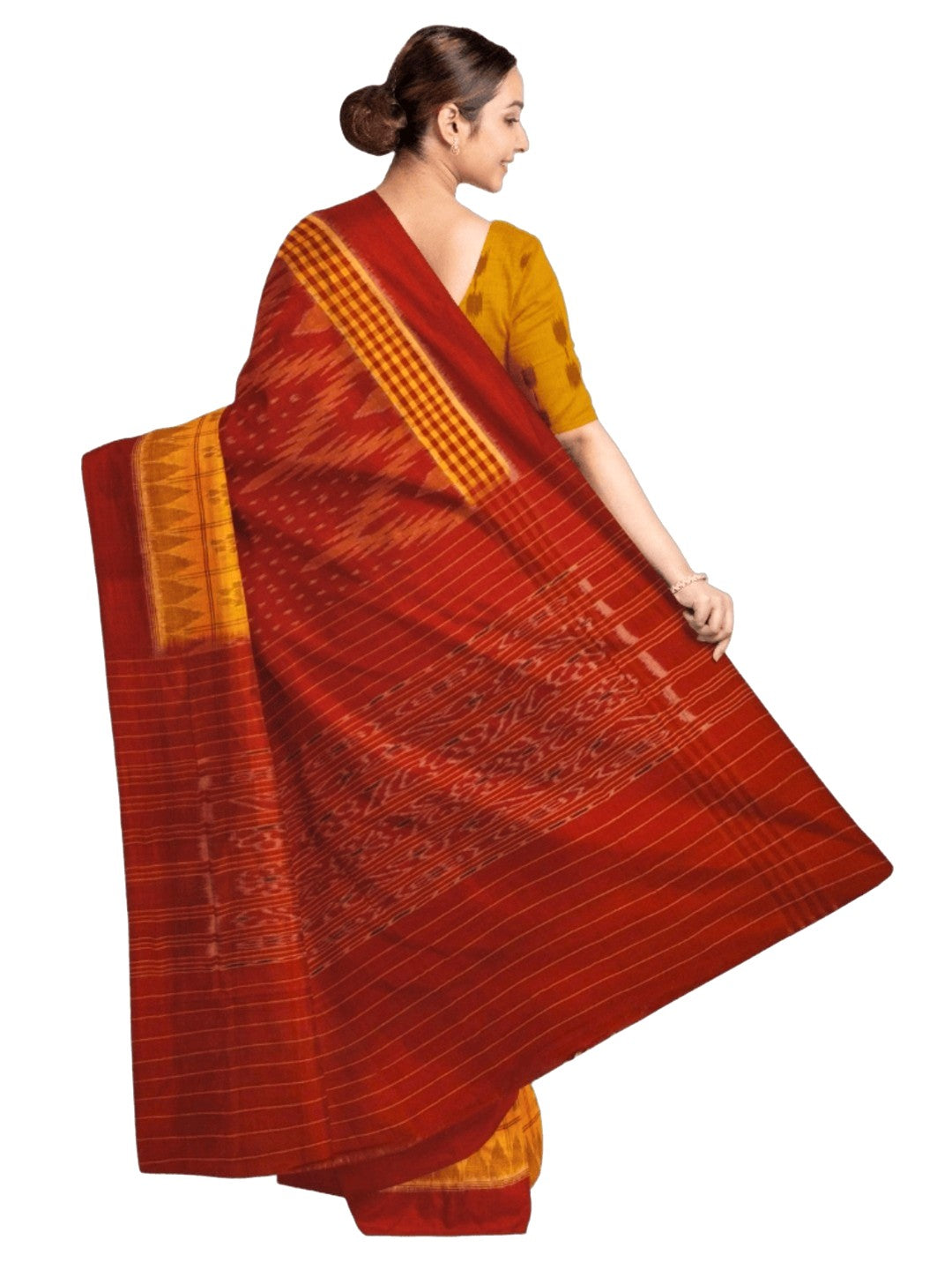 Yellow Red half half body coloured Odisha Ikat saree with cotton ikat blouse piece