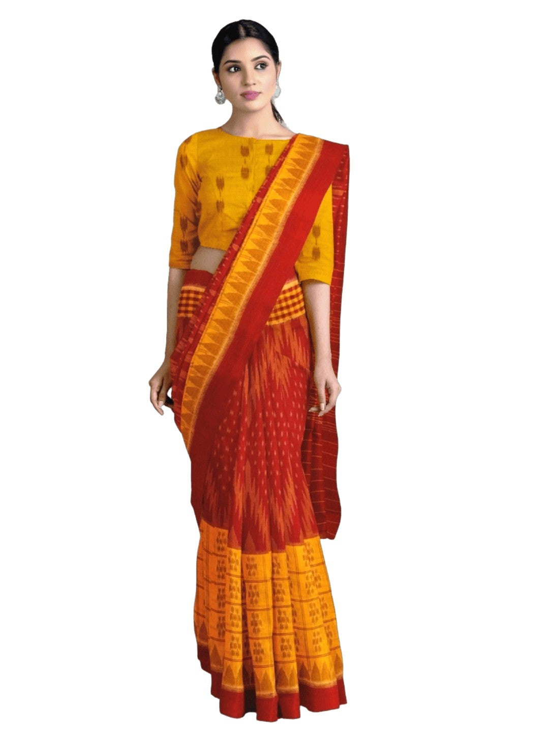 Yellow Red half half body coloured Odisha Ikat saree with cotton ikat blouse piece