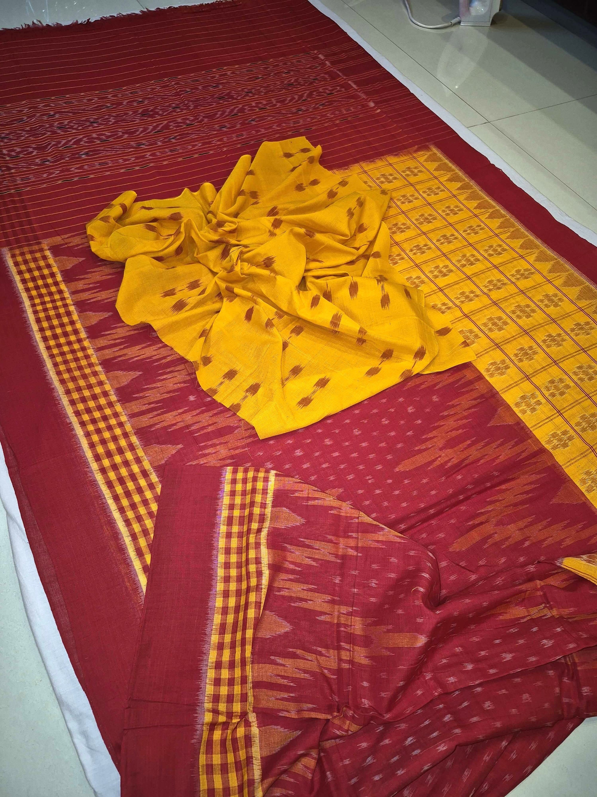 Yellow Red half half body coloured Odisha Ikat saree with cotton ikat blouse piece